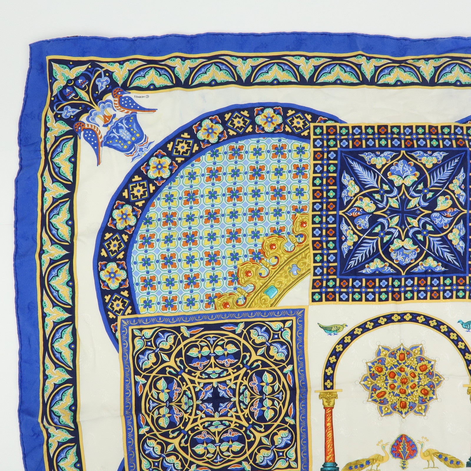 HERMES Carre 90 Silk 100% CIELS BYZANTINS Scarf Blue Gold