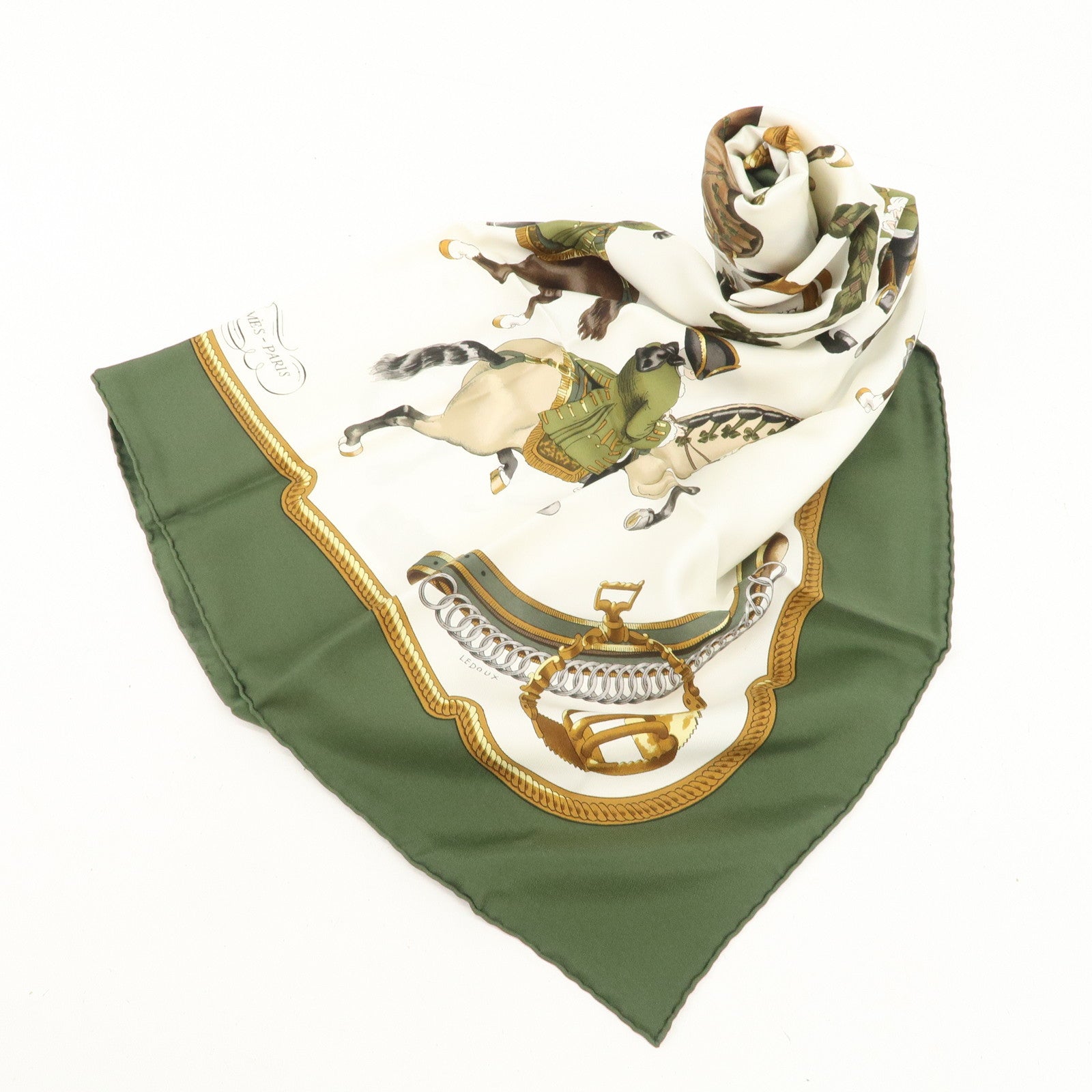 HERMES Carre 90 Silk 100% Scarf REPRISE Brown Khaki White Used