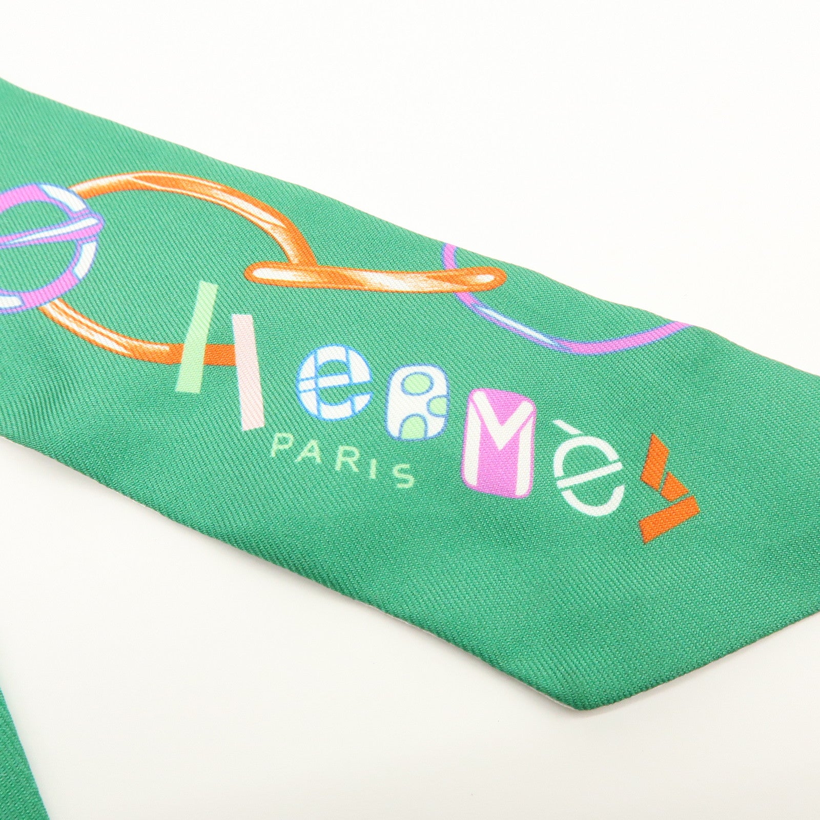 HERMES Twilly Silk 100% Scarf DO RE BOUCLES Green Ivory