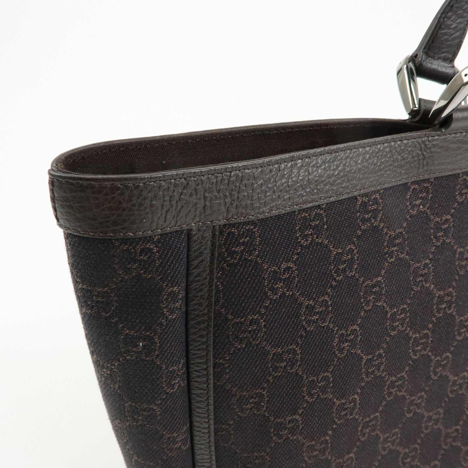 GUCCI Abbey GG Denim Leather Tote Bag Hand Bag Dark Brown 293580