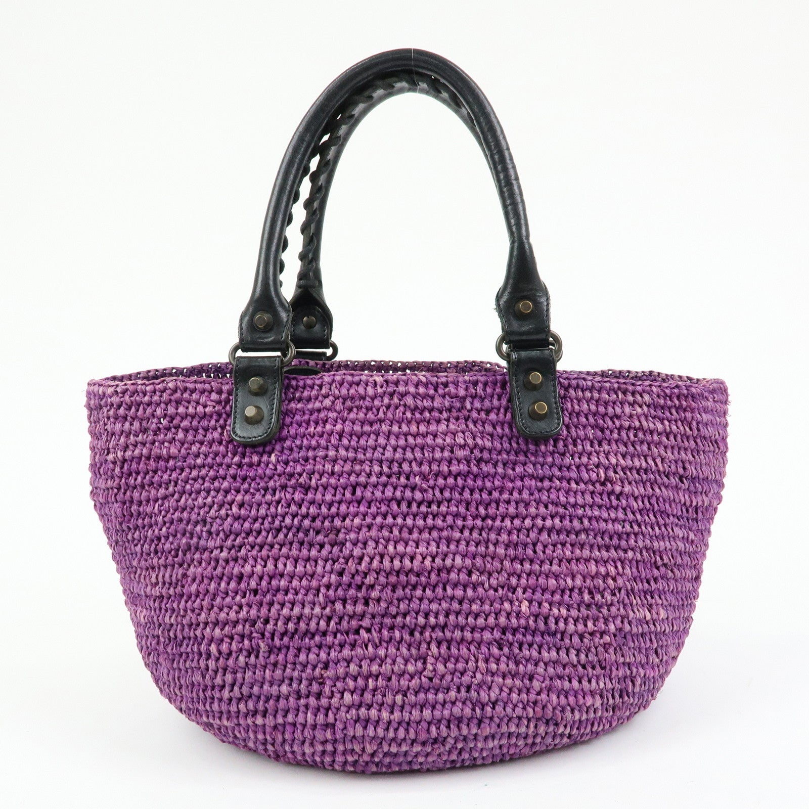 BALENCIAGA Leather Raffia Small Hand Bag Purple Black 236741