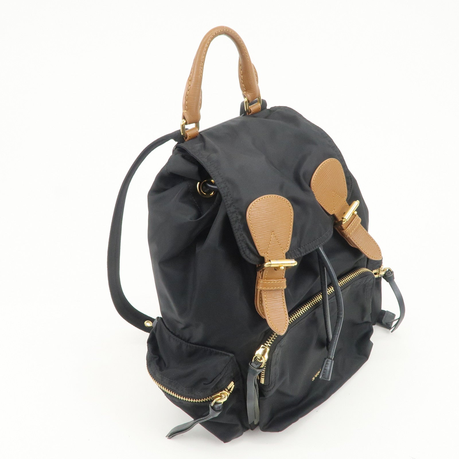 BURBERRY Nylon Leather Backpack Rucksuck Black Brown Gold