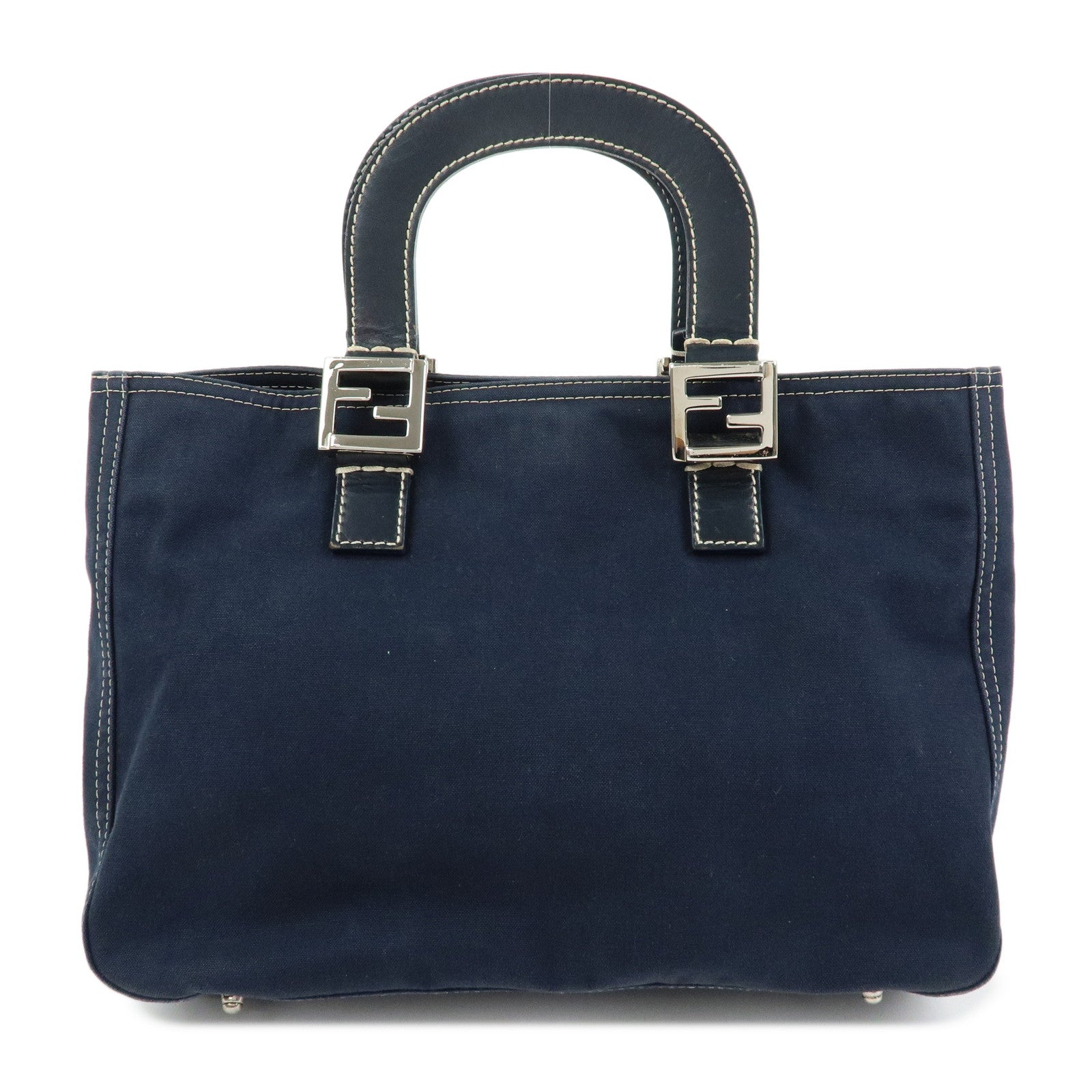 FENDI Canvas Leather Tote Bag Hand Bag Navy