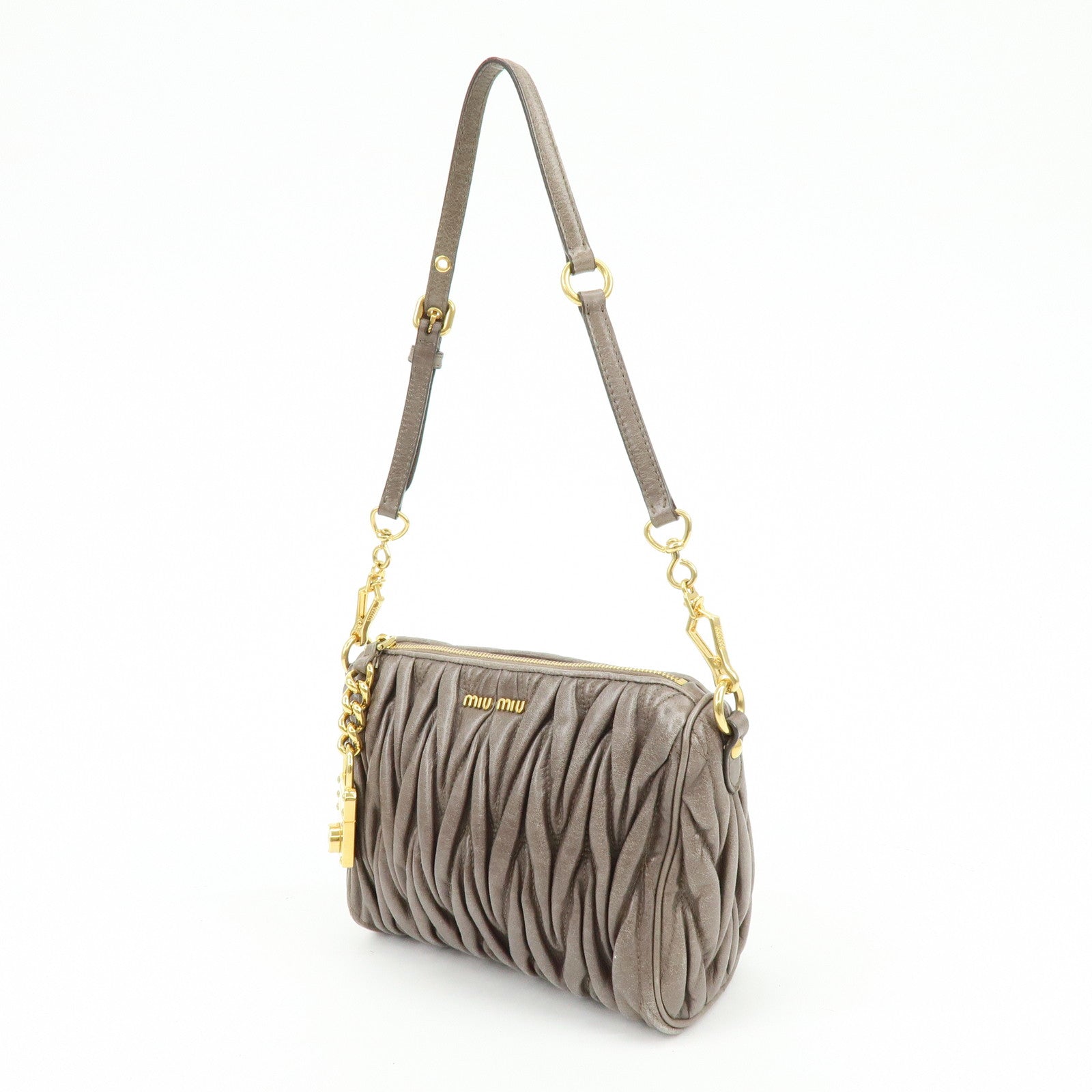 MIU MIU Matelasse Gathered Leather Shoulder Bag Hand Bag Gray
