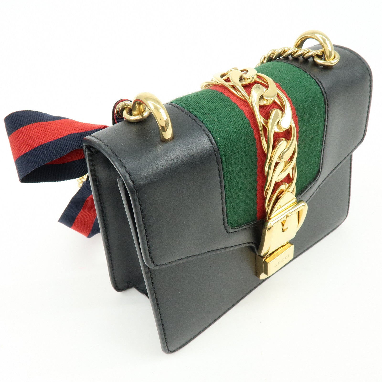 GUCCI Sylvie Sherry Leather Chain Shoulder Bag Black 431666