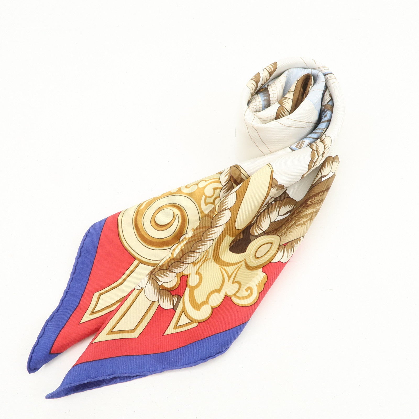 HERMES Carre 90 Silk 100% Lephyr Scarf Ivory Red Blue