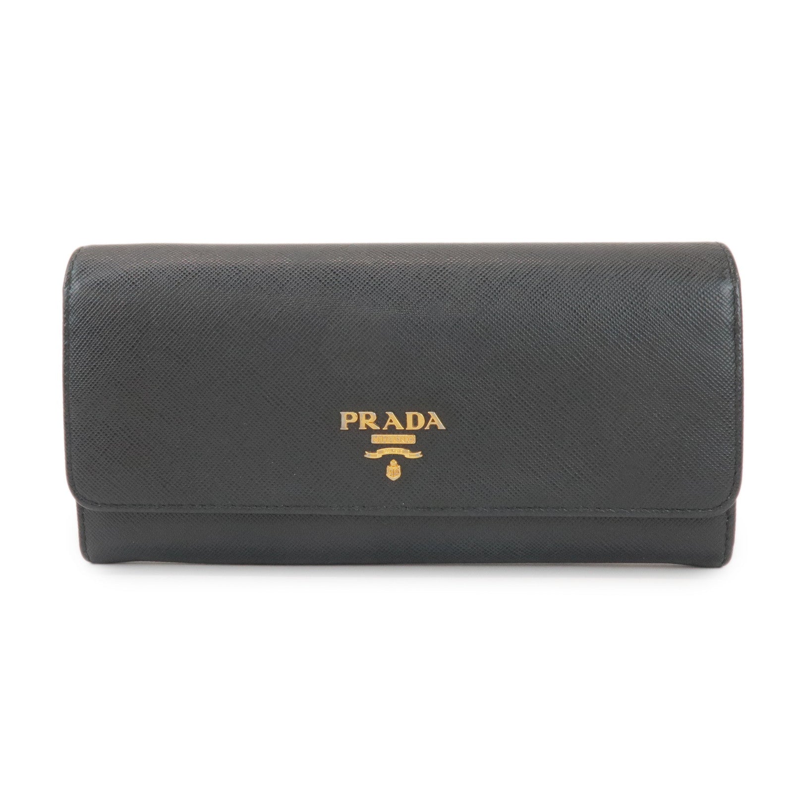 PRADA Logo Saffiano Leather Flap Bi-Fold Long Wallet Black