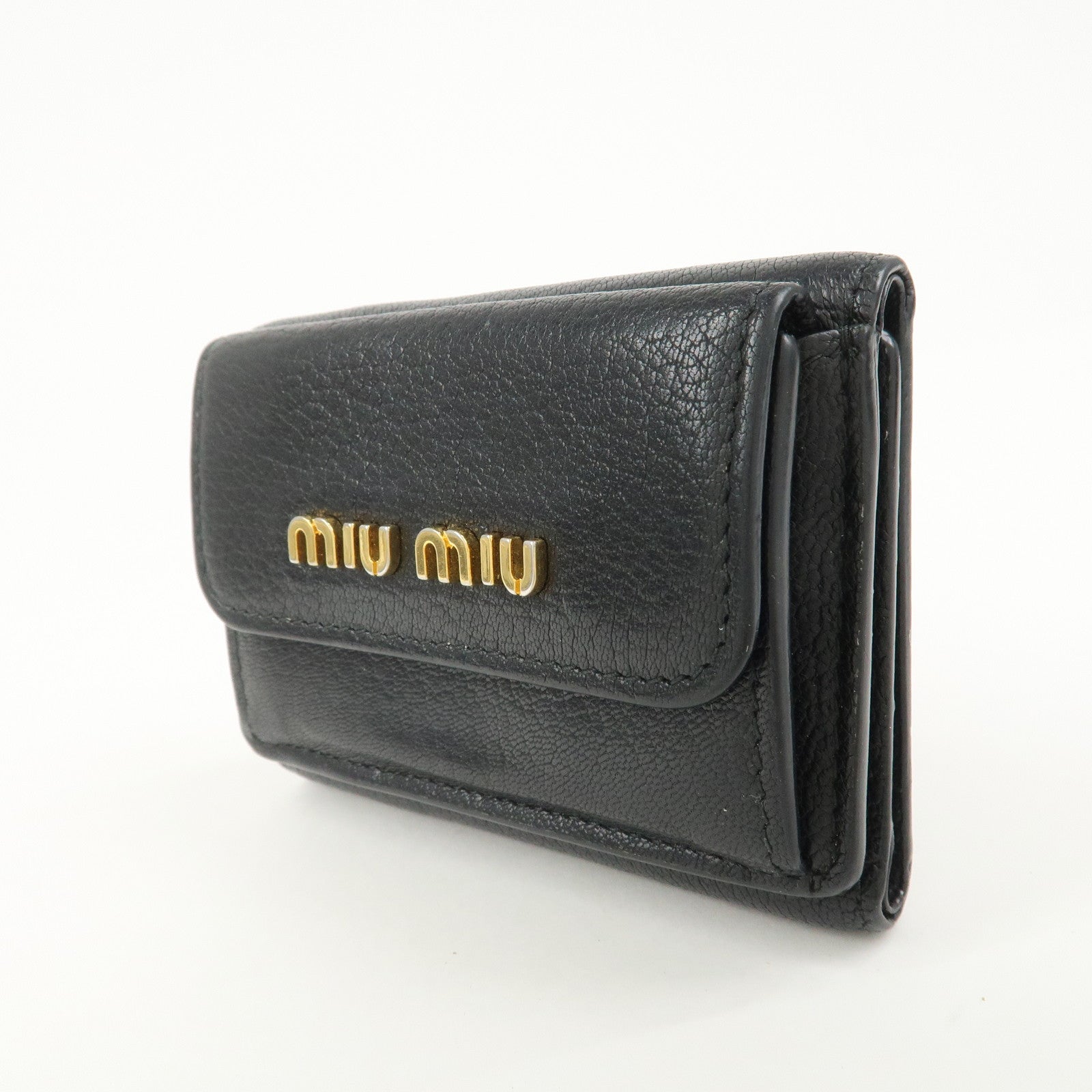 MIU MIU Logo Leather Tri-fold Compact Wallet Black 5MH020