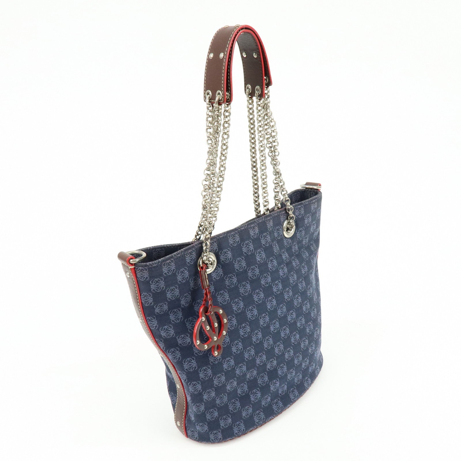 LOEWE Repeat Anagram Canvas Leather Shoulder Bag Blue Brown