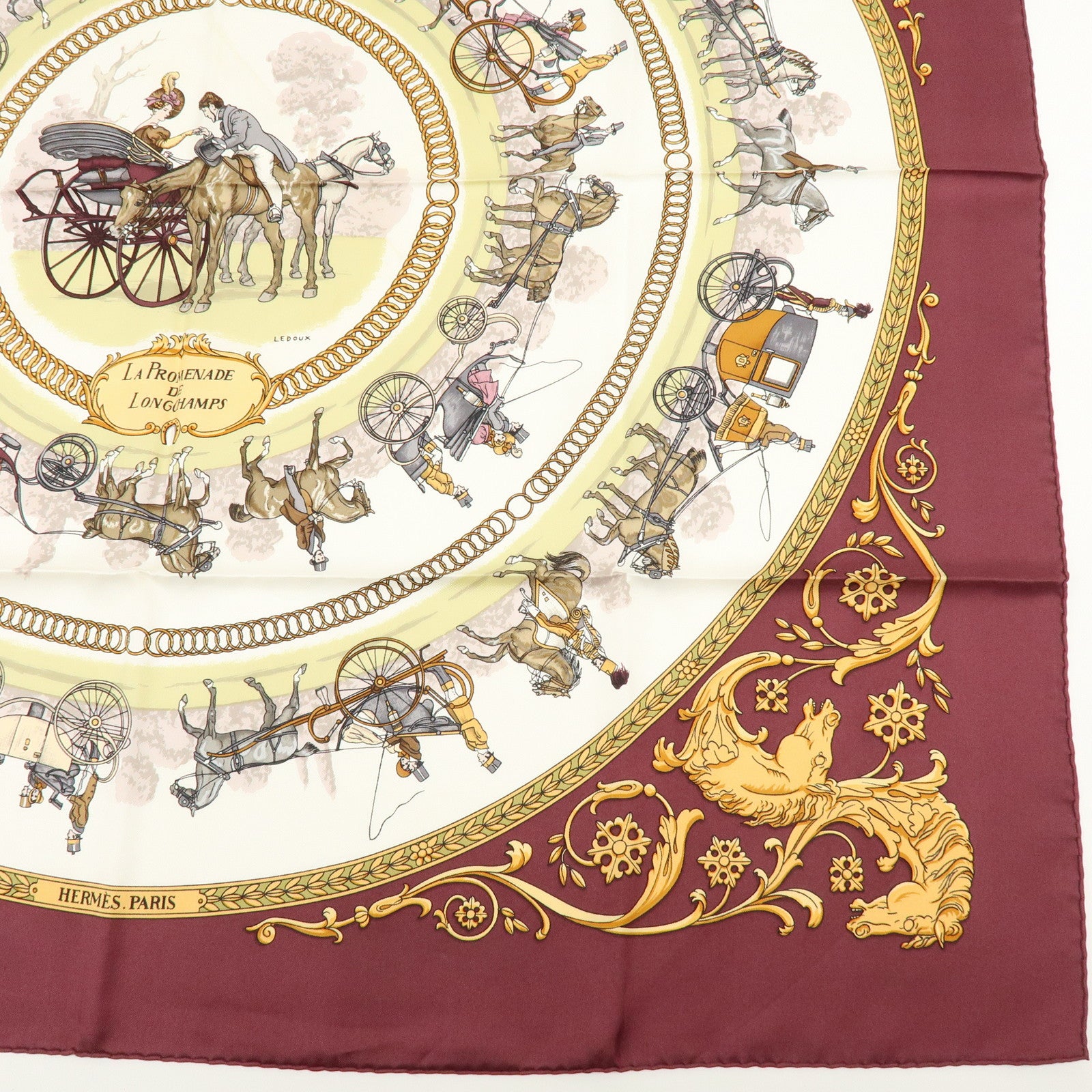 HERMES Carre 90 Silk 100% LA PROMENADE DE LONGCHAMPS Scarf Wine Red