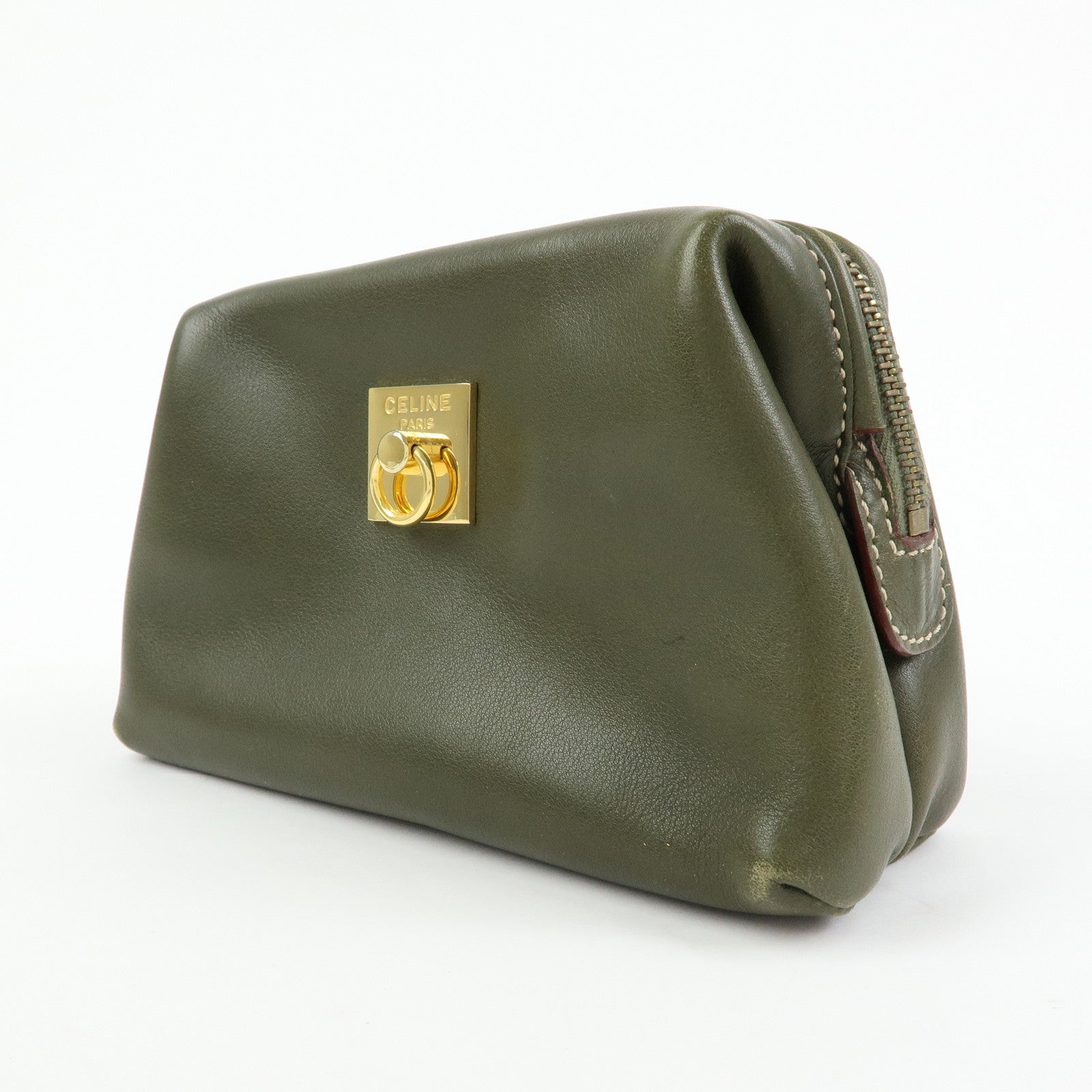 CELINE Logo Leather Accessory Pouch Cosmetic Case Khaki