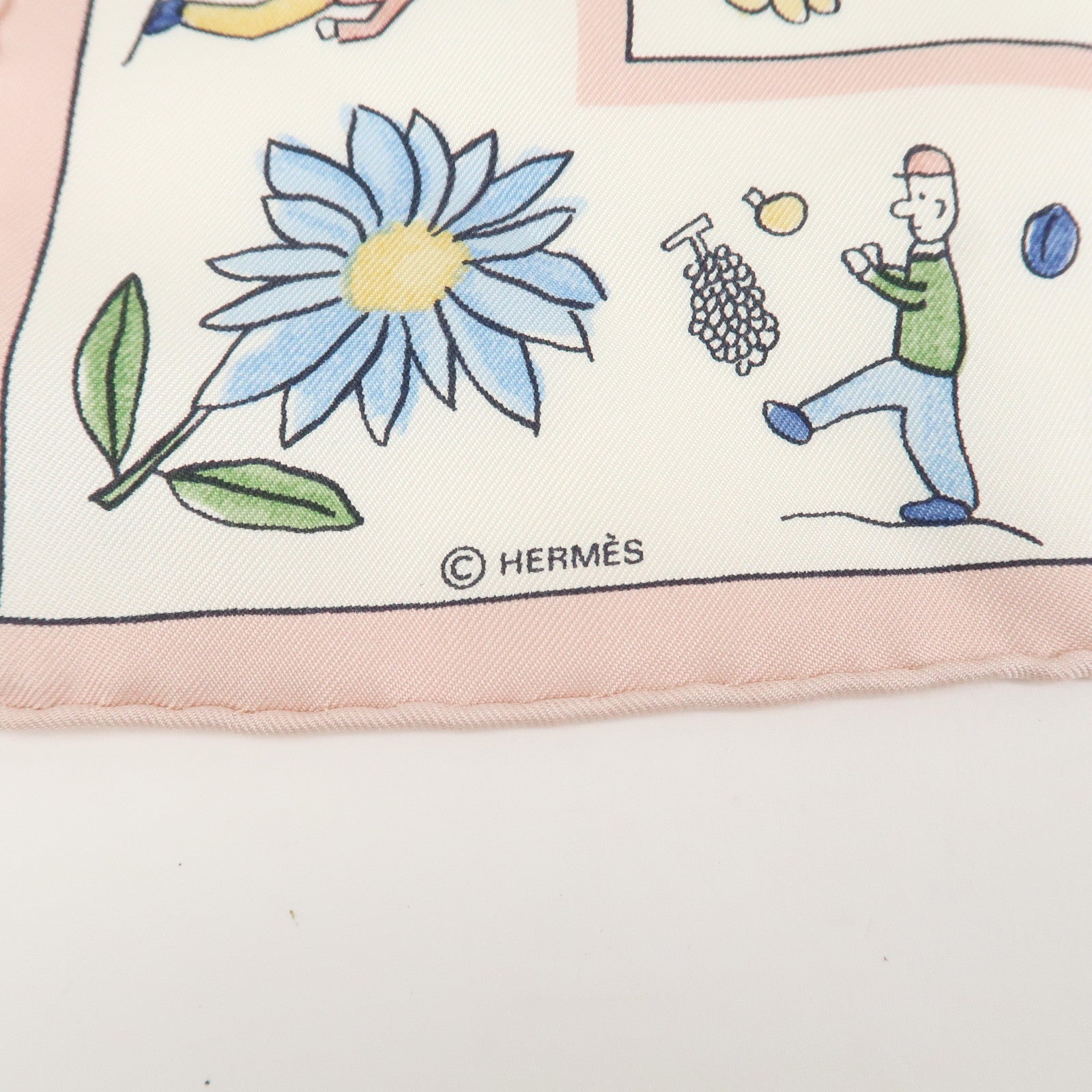 HERMES Carré45 RE TOUR A LA TERRE Scarf Silk 100% Ivory Pink