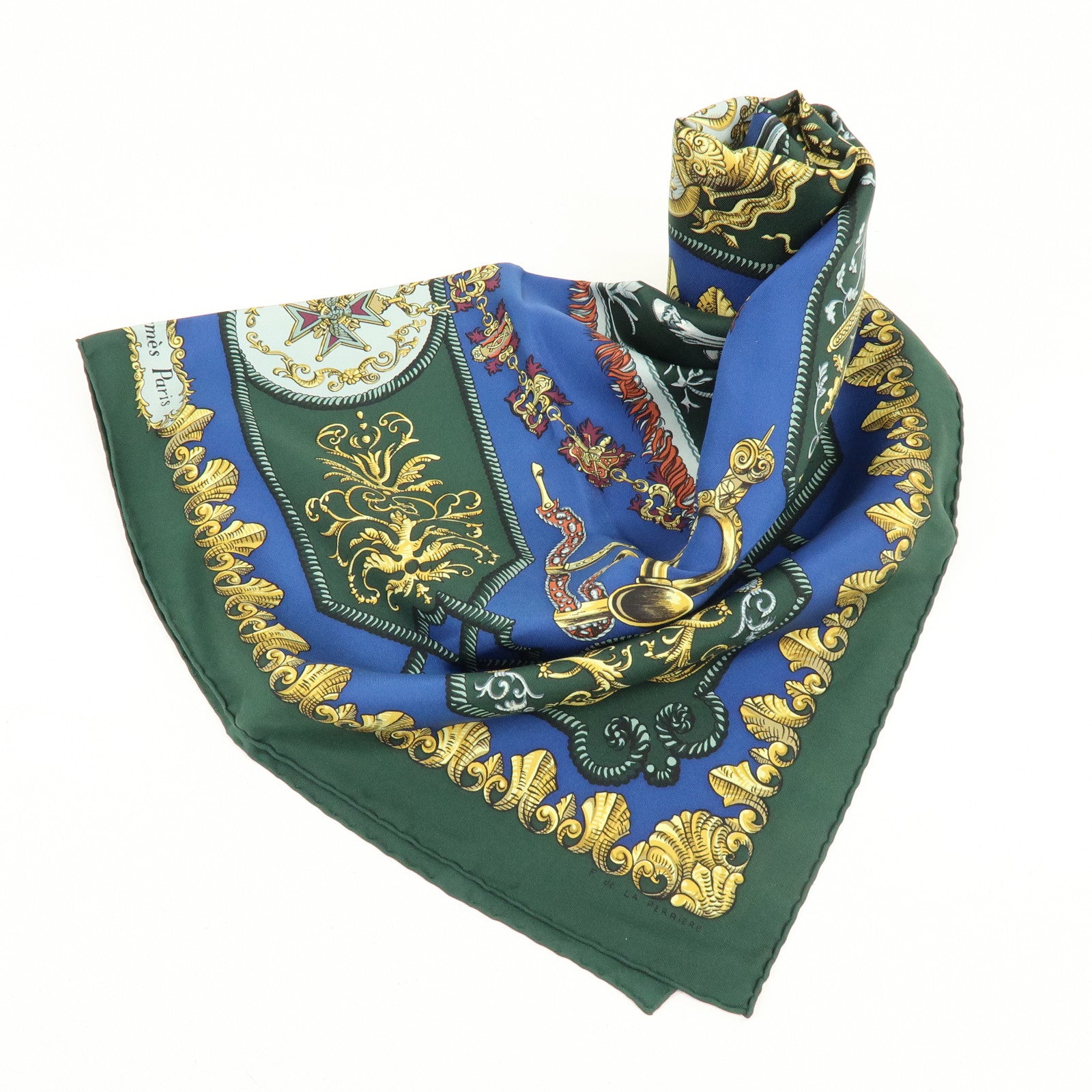 HERMES Carre 90 Silk 100% LVDOVICVS MAGNVS Scarf Green
