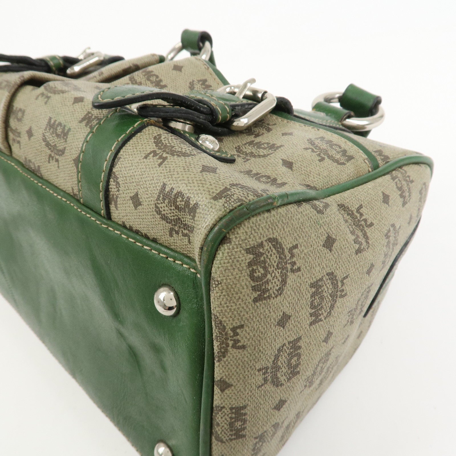 MCM Visetos PVC Coating Canvas Leather Boston Bag Beige Green