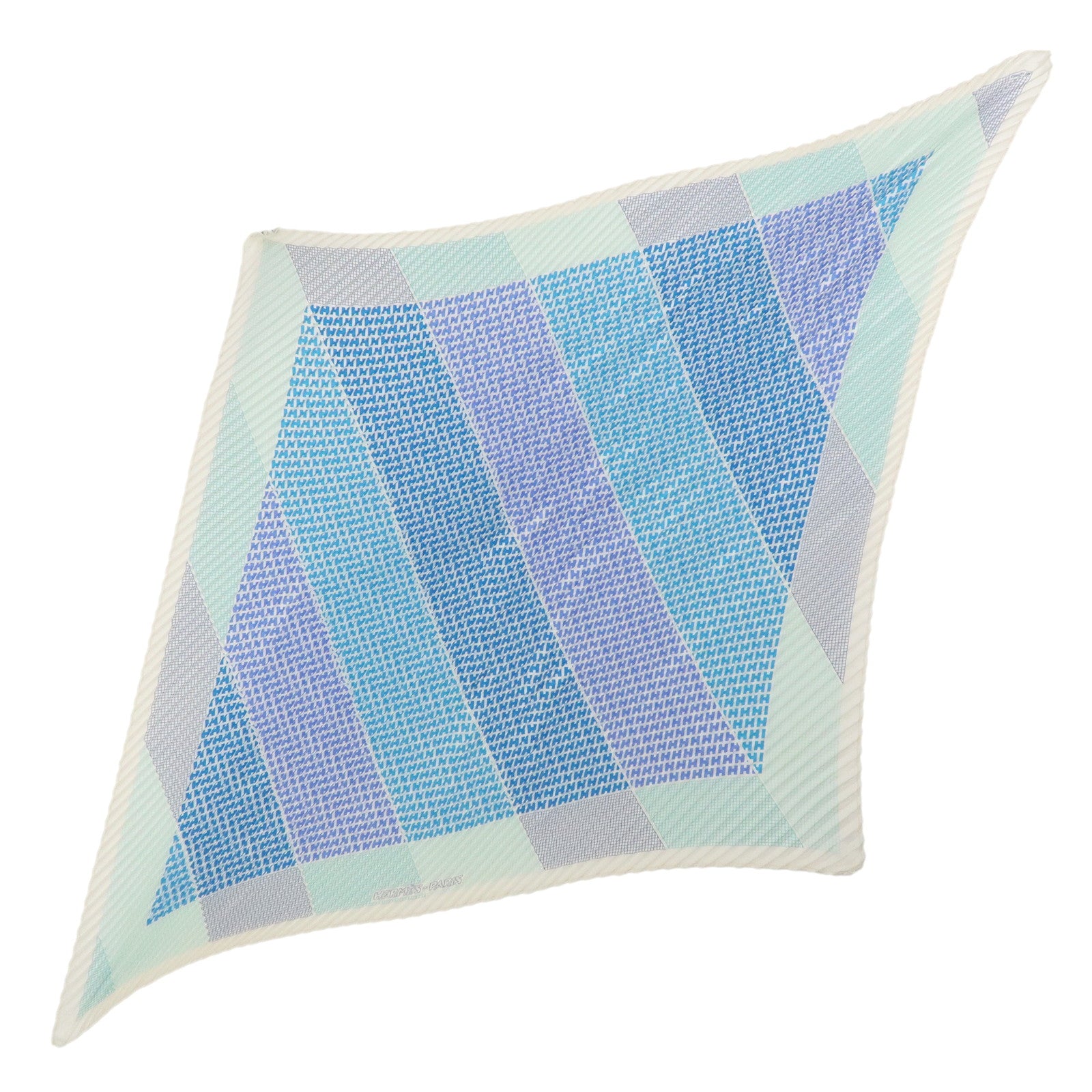HERMES Pleated Carré Scarf Silk 100% H Logo Blue