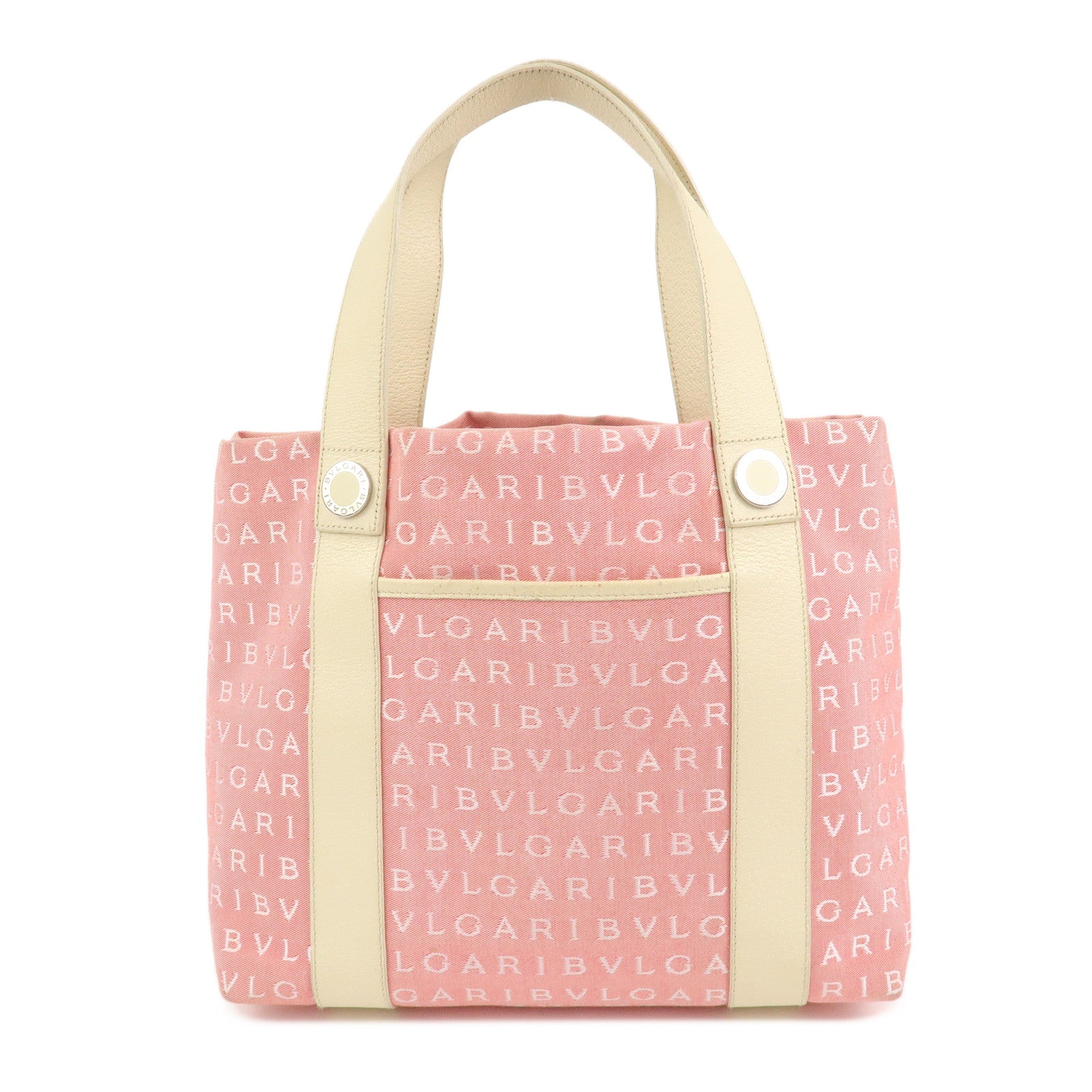 BVLGARI Logo Mania Canvas Leather Hand Bag Tote Bag Pink Ivory