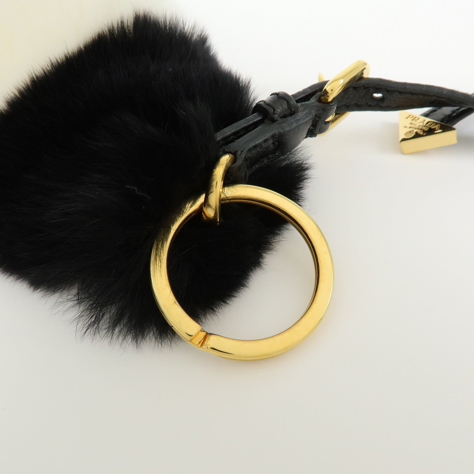 PRADA Triangle Logo Lapin Leather Bag Charm Key Charm Black White