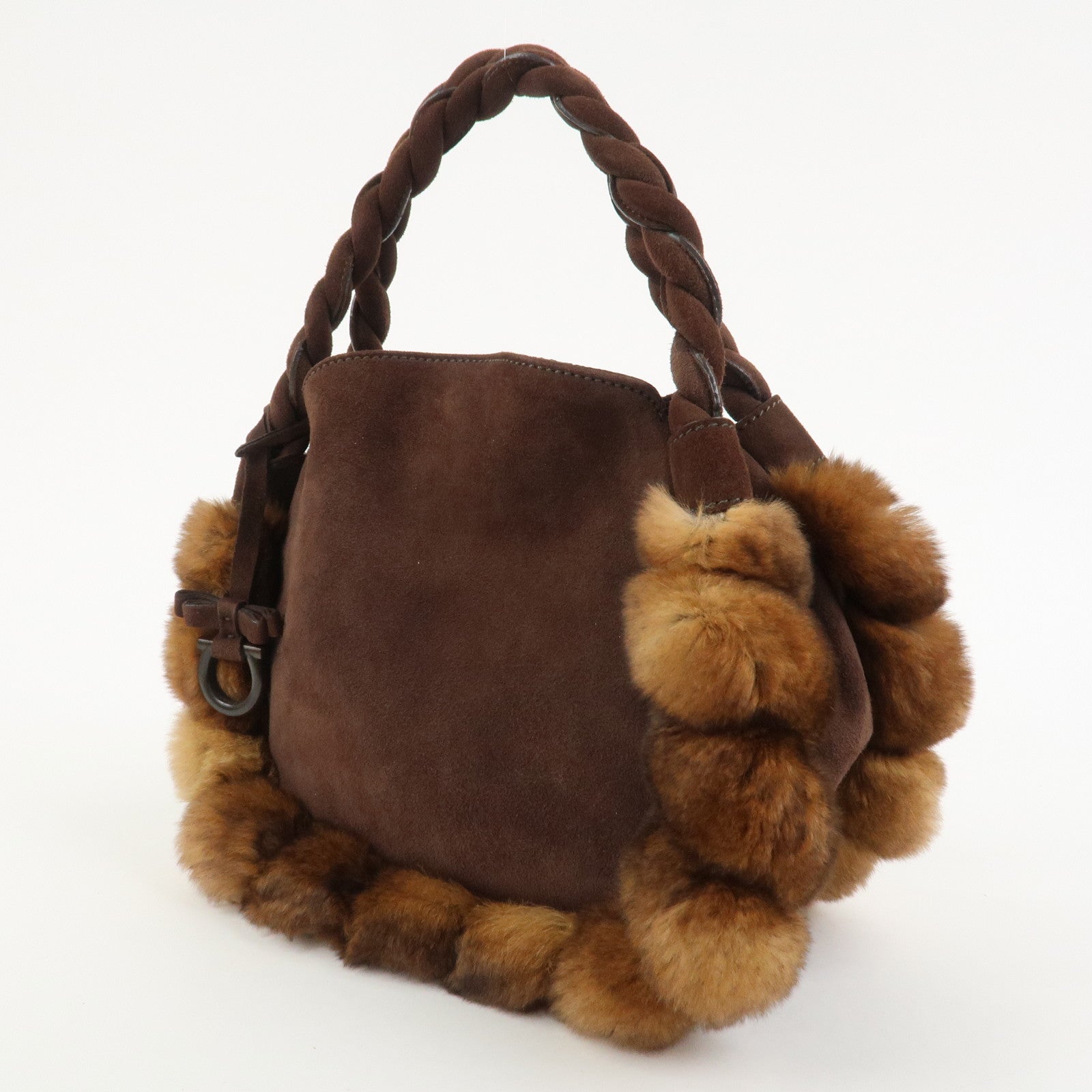 Ferragamo Gancini Suede Fur Hand Bag Brown BW-21 B372