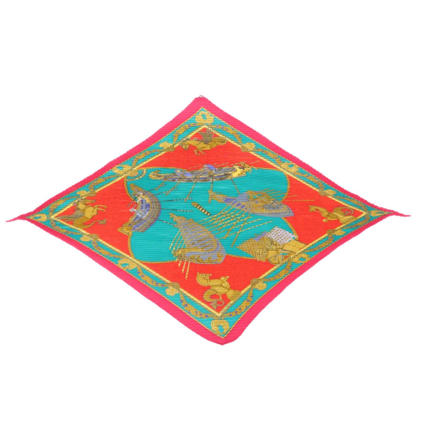 HERMES Pleated Carre 90 Set of 2 Silk 100% Scarf Green Pink