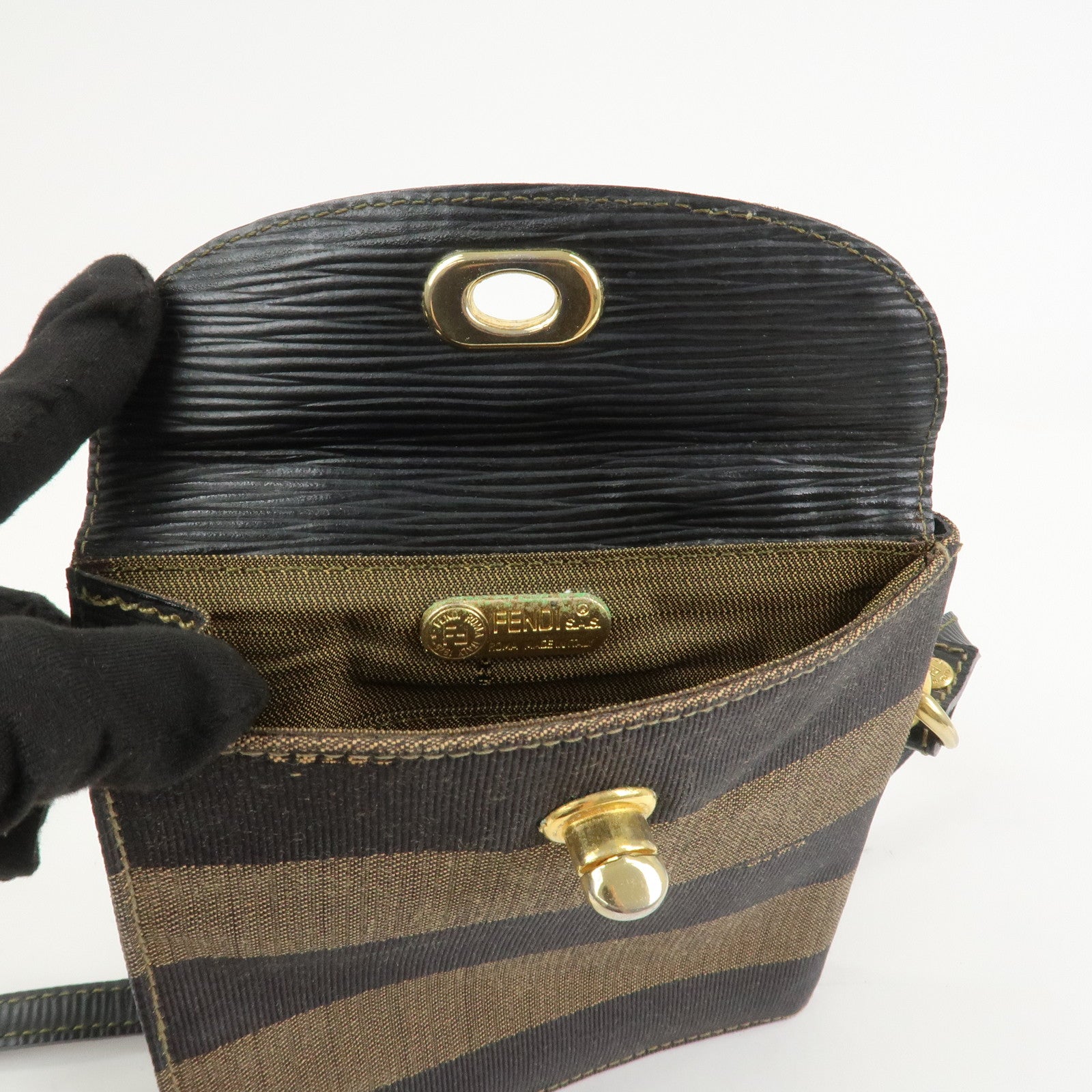 FENDI Pequin Logo Canvas Leather Shoulder Bag Crossbody Bag 15171