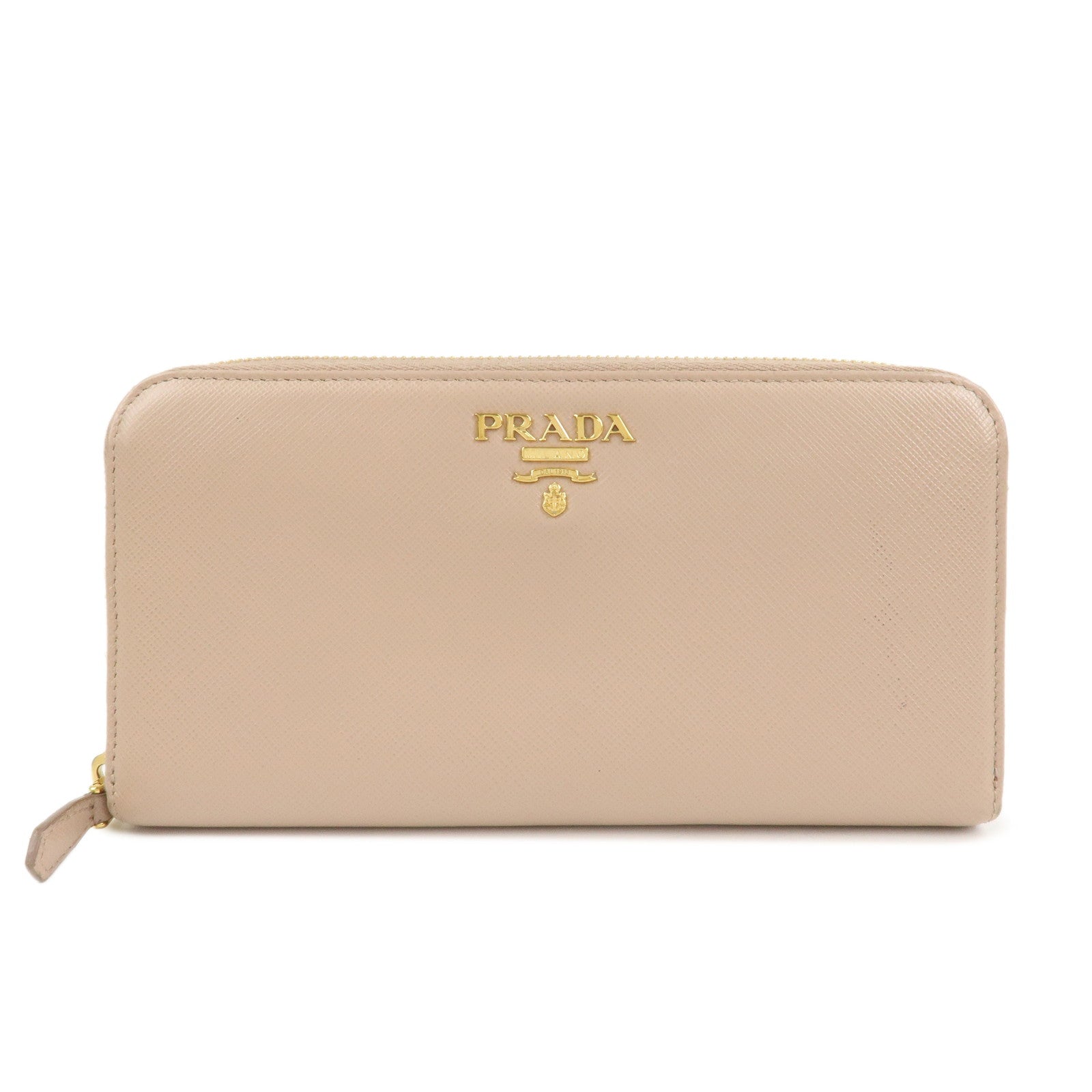 PRADA Logo Saffiano Leather Round Zippy Long Wallet Beige 1ML506