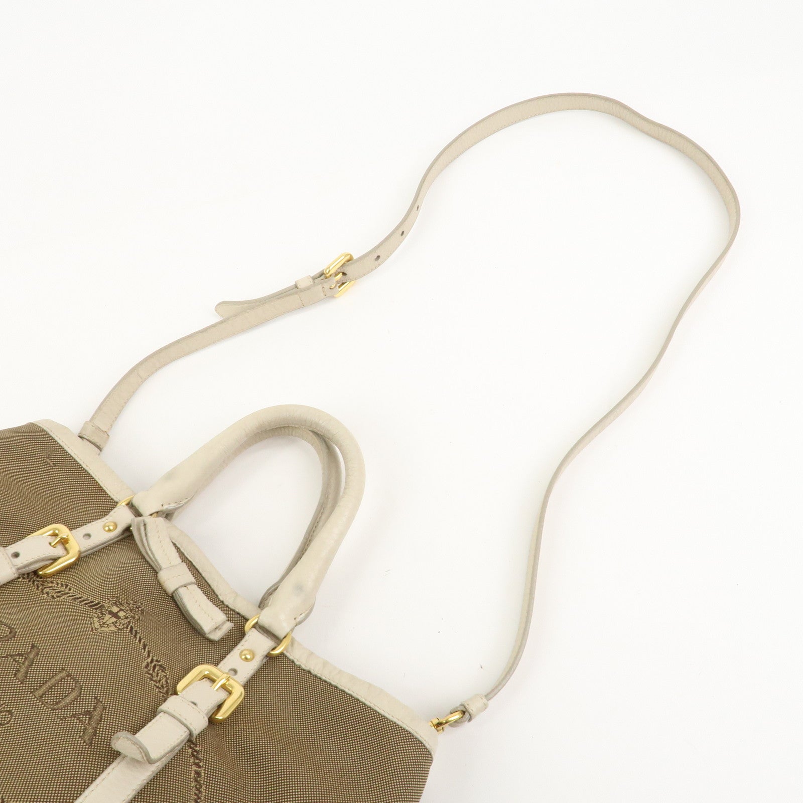 PRADA Logo Jacguard Leather 2Way Tote Bag Brown Ivory BN1841