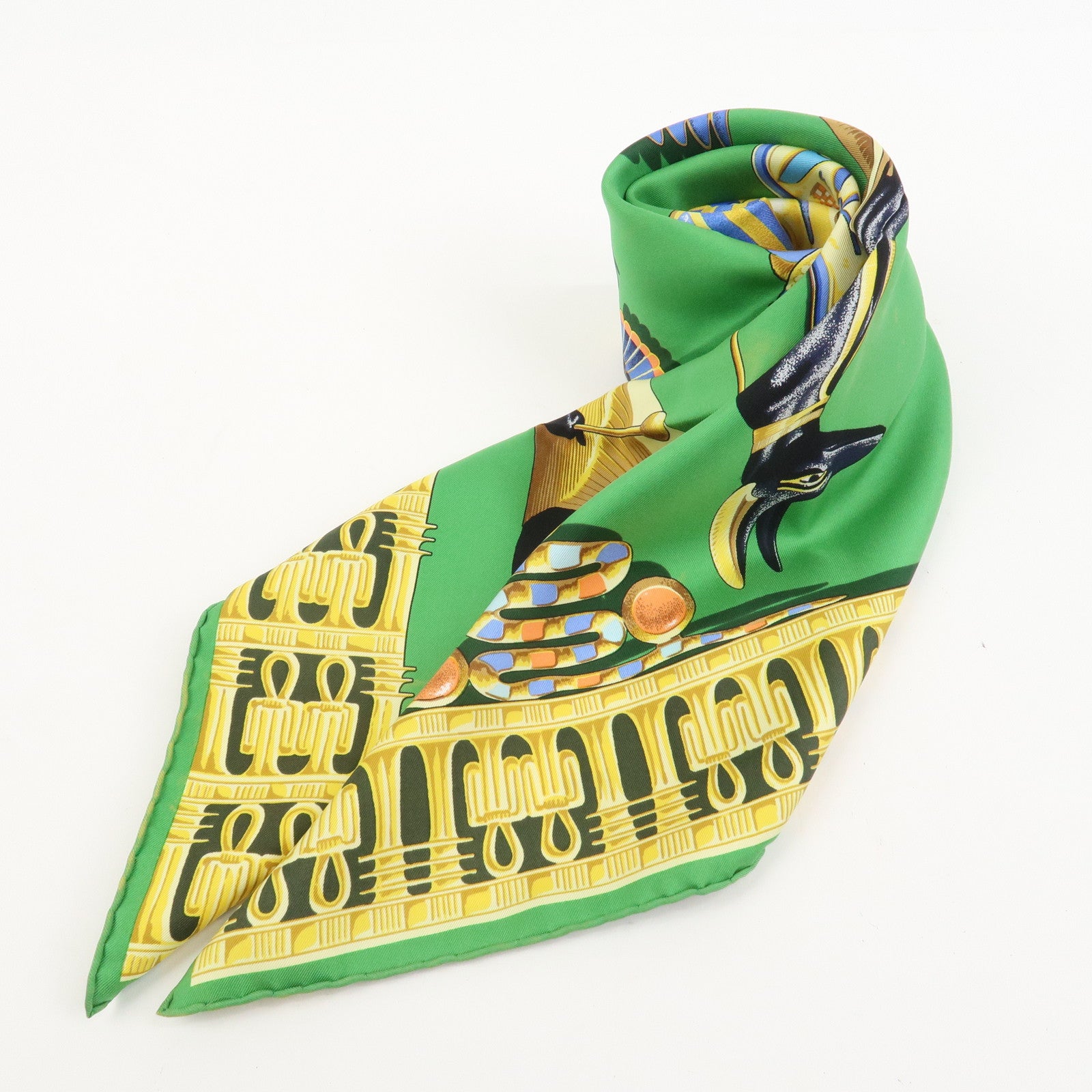 HERMES Carre 90 Silk 100% Scarf TUTANKHAMUN Green Gold