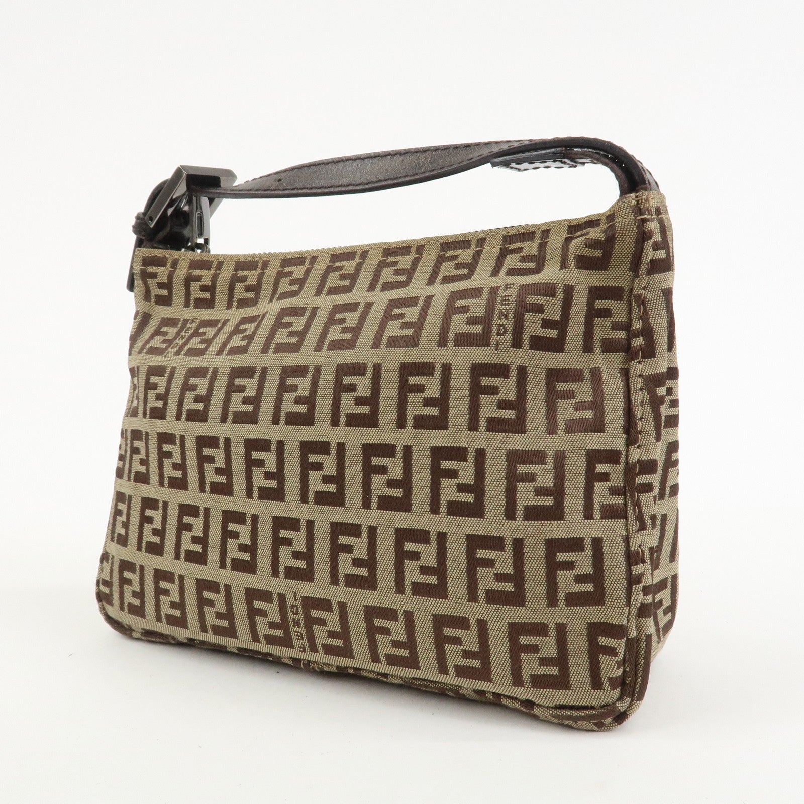 FENDI Zucchino Canvas Leather Hand Bag Pouch Bag Brown 8N0001