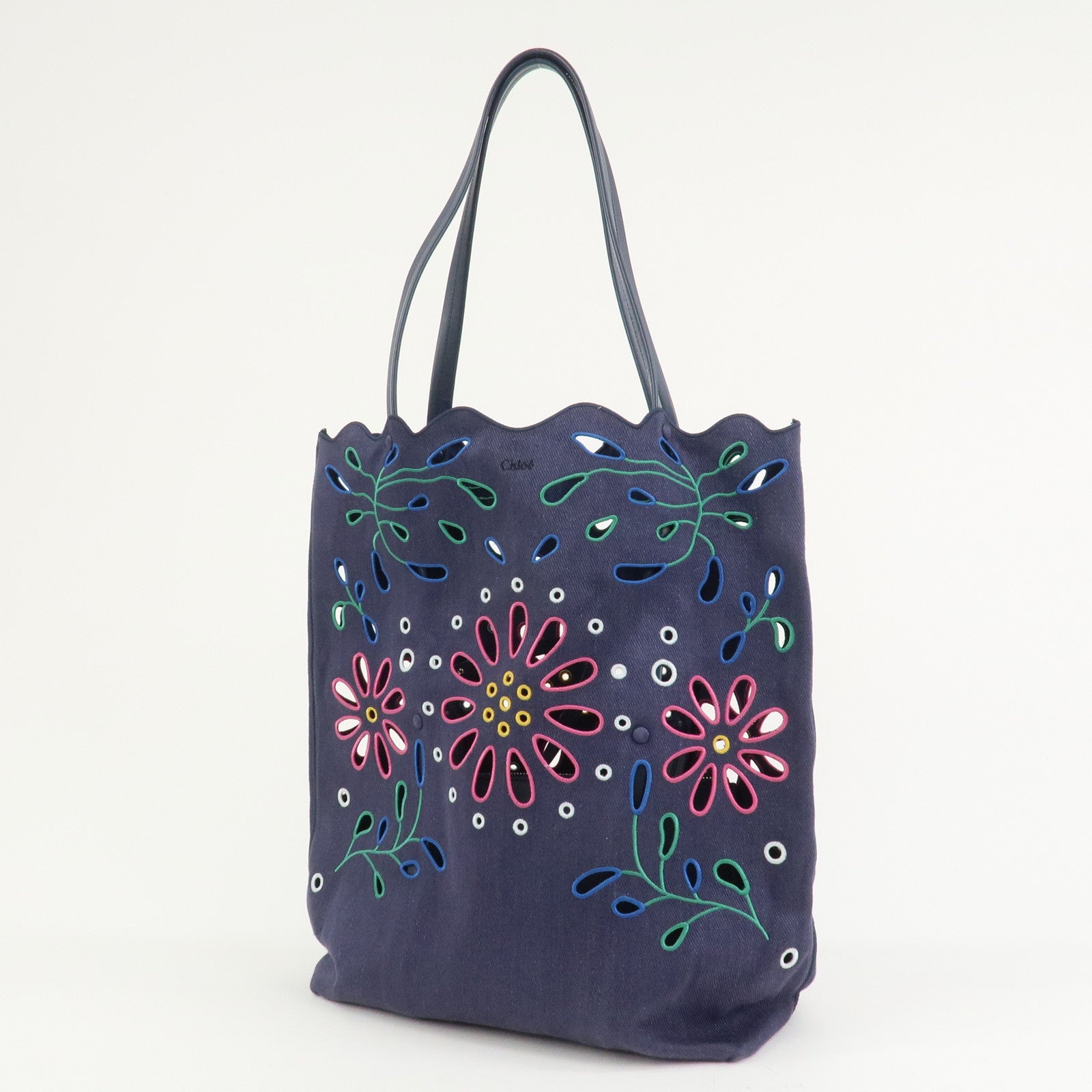 Chloe Kamilla Canvas Leather Tote Bag Shoulder Bag Navy Multicolor