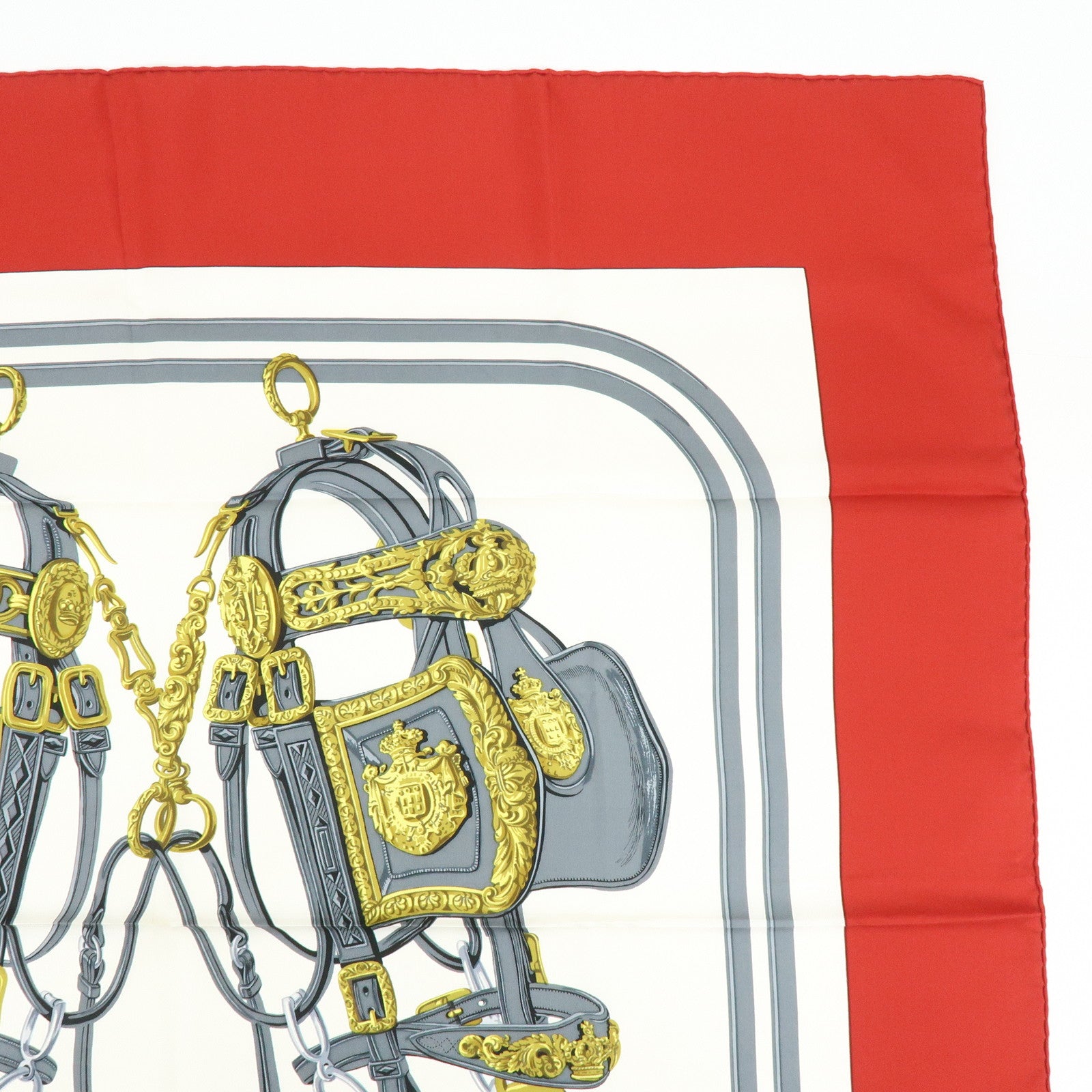 HERMES Carre 90 Silk 100% BRIDES DE GALA Scarf Red Gold