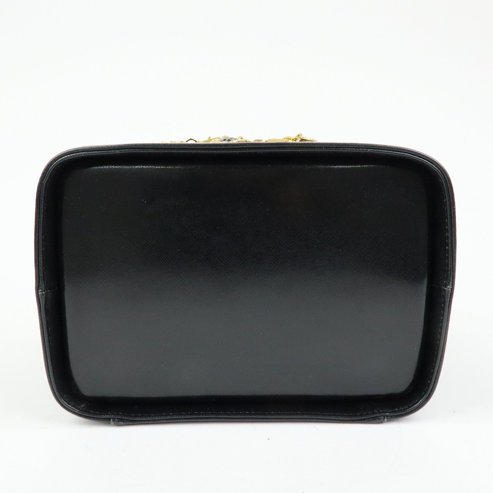 GIANNI VERSACE Leather Hand Bag Vanity Case Gold Charm Black