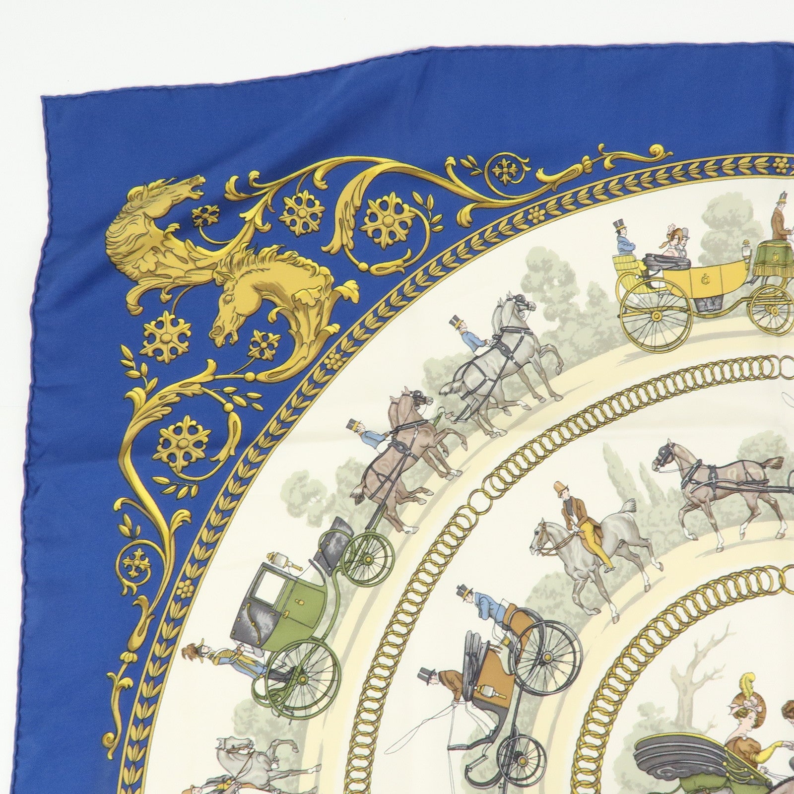 HERMES Carre 90 Silk 100% Scarf LA PROMENADE DE LONGCHAMPS Navy