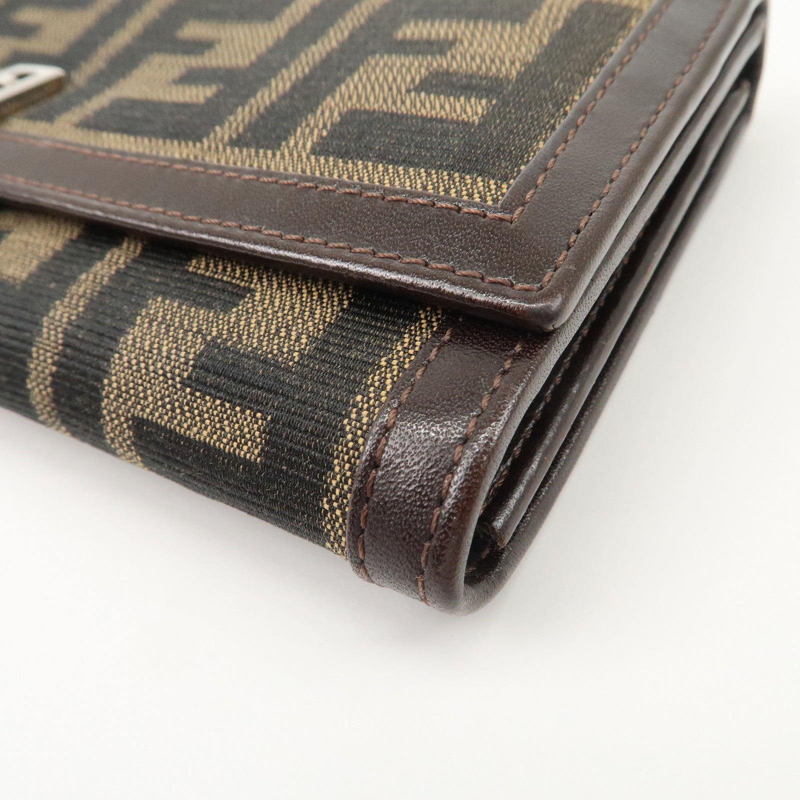FENDI Zucca Canvas Leather Flap Long Wallet Brown 31084