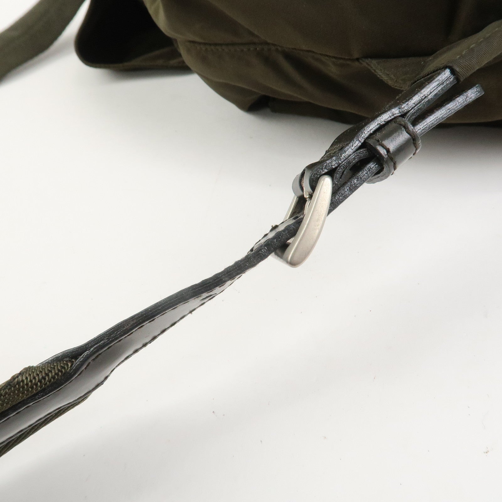 PRADA Triangle Logo Nylon Leather Backpack Rucksack Khaki B6677