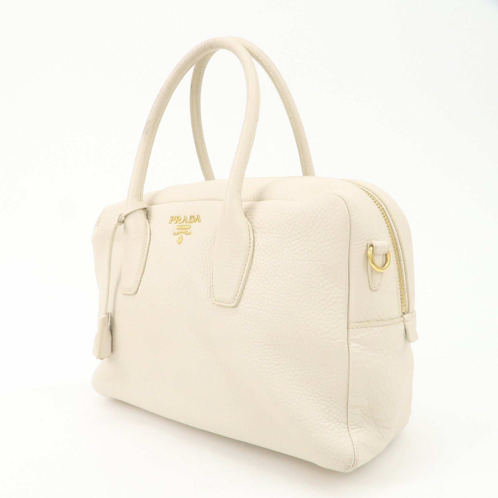 PRADA Logo Leather 2Way Boston Shoulder Bag Gold HDW Ivory