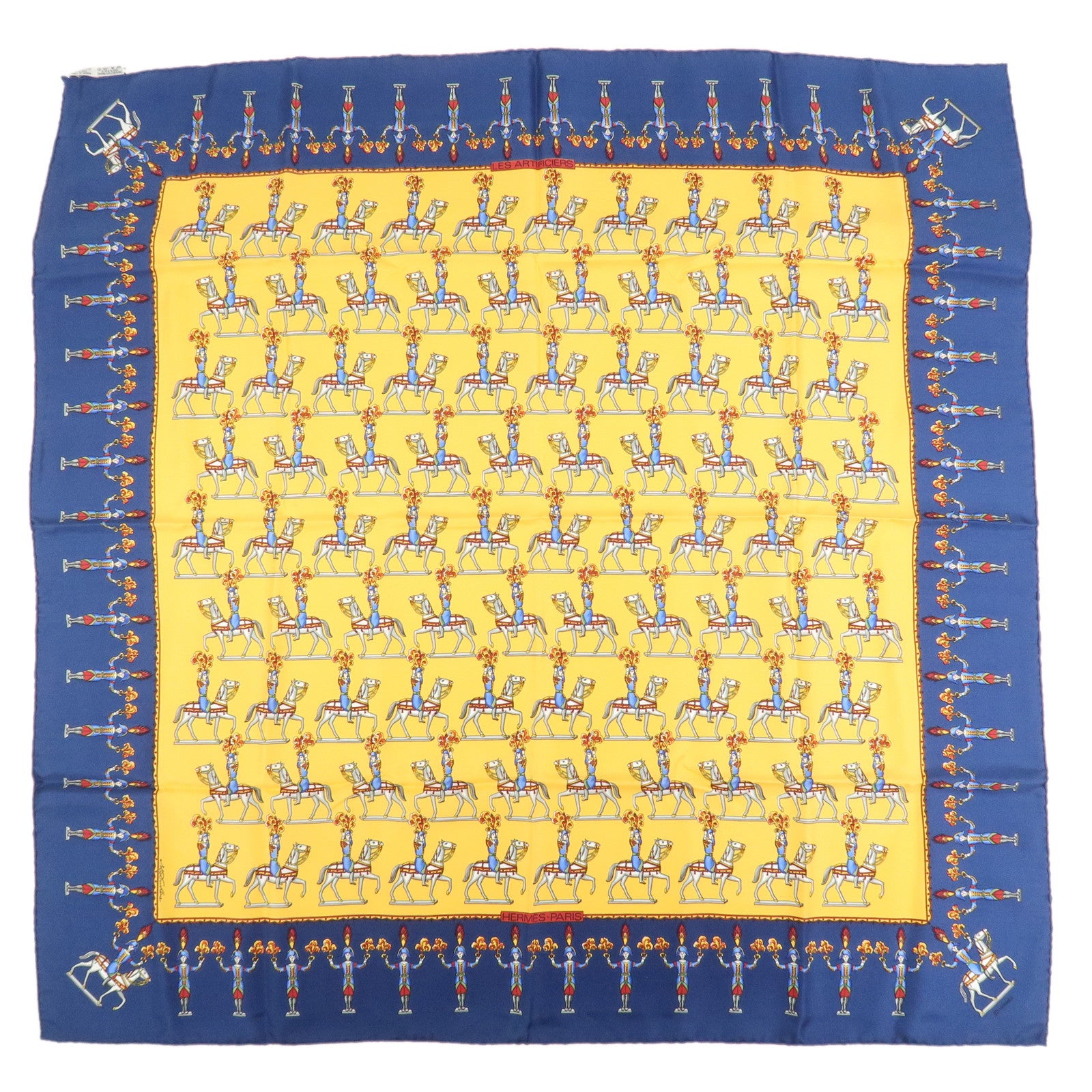 HERMES Carre 90 Silk 100% Scarf Les Artificiers Navy Yellow