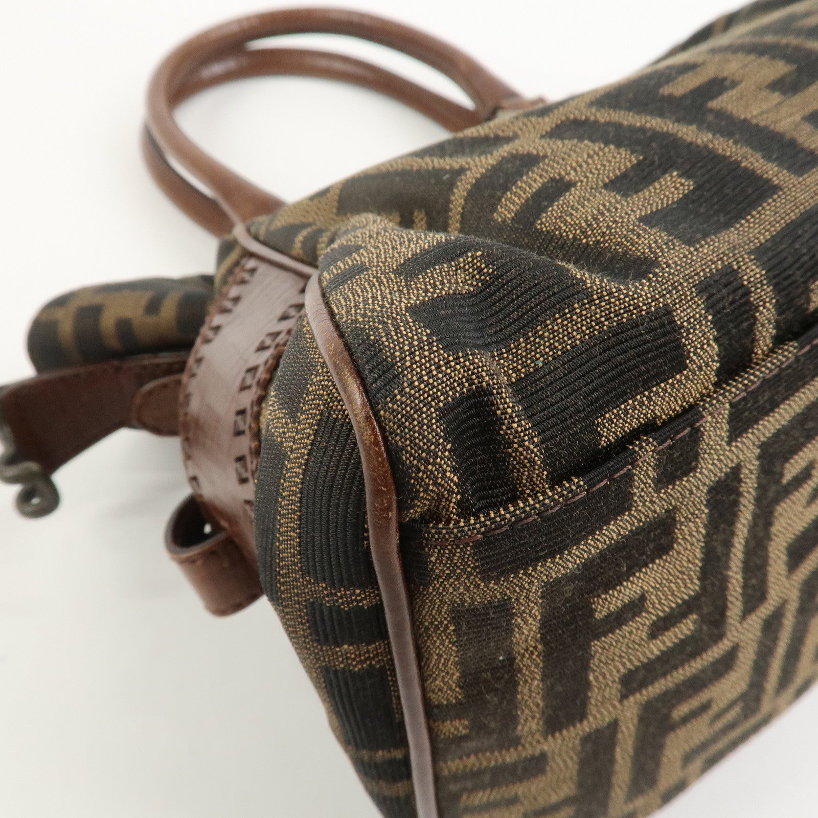 FENDI Etnico Zucca Canvas Leather Shoulder Bag Brown Black 8BN157