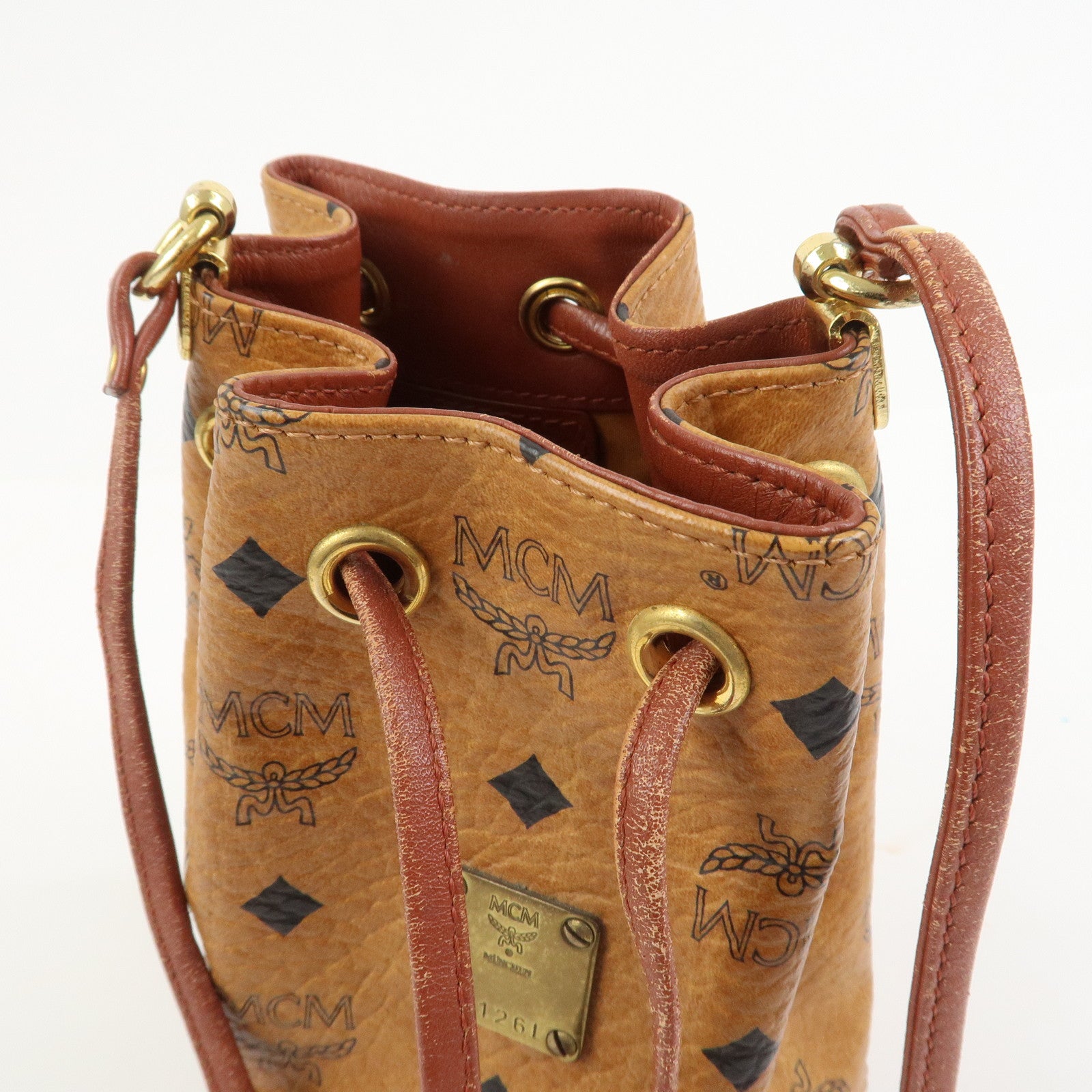 MCM Visetos Leather Drawstring Shoulder Bag Brown