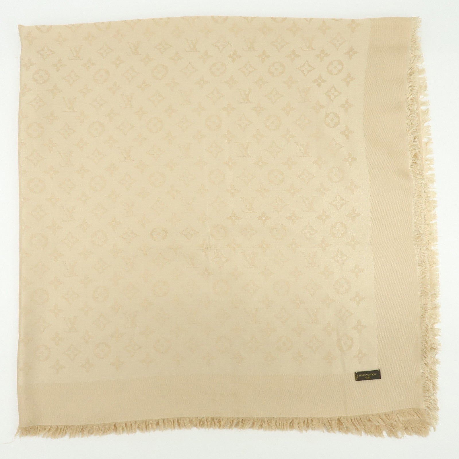 Louis Vuitton Monogram Shine Silk Wool Scarf Shawl Beige