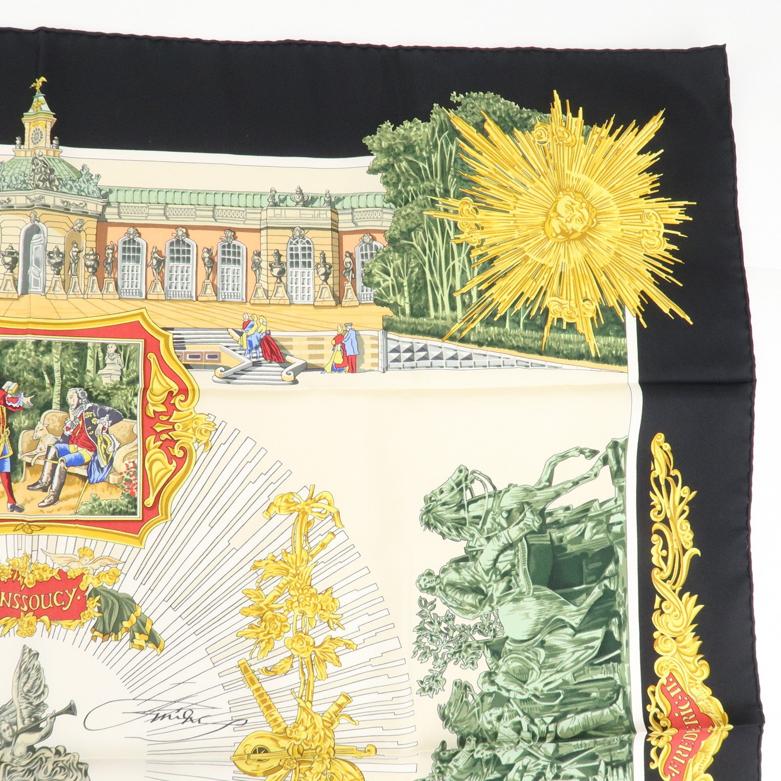 HERMES Carre 90 Silk 100% Scarf SANSSOUCY Gold Back Ivory Used