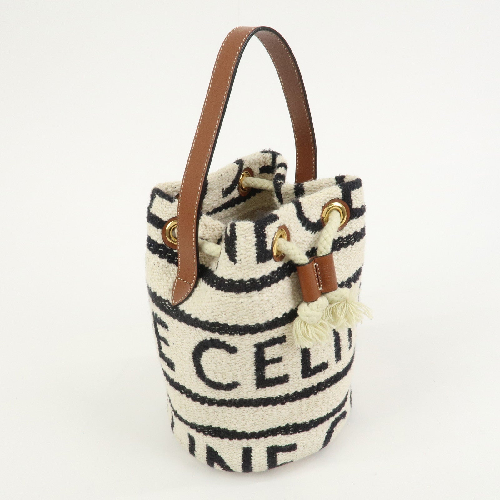 CELINE Teen Drawstring Canvas Leather Hand Bag Natural Brown