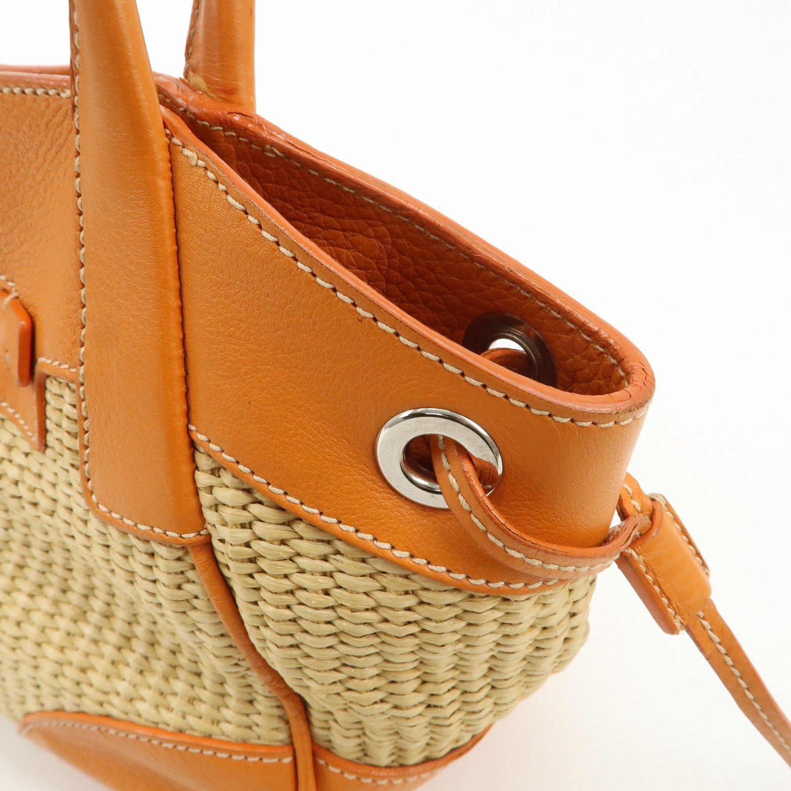 PRADA Triangle Logo Raffia Leather Shoulder Bag Beige Orange