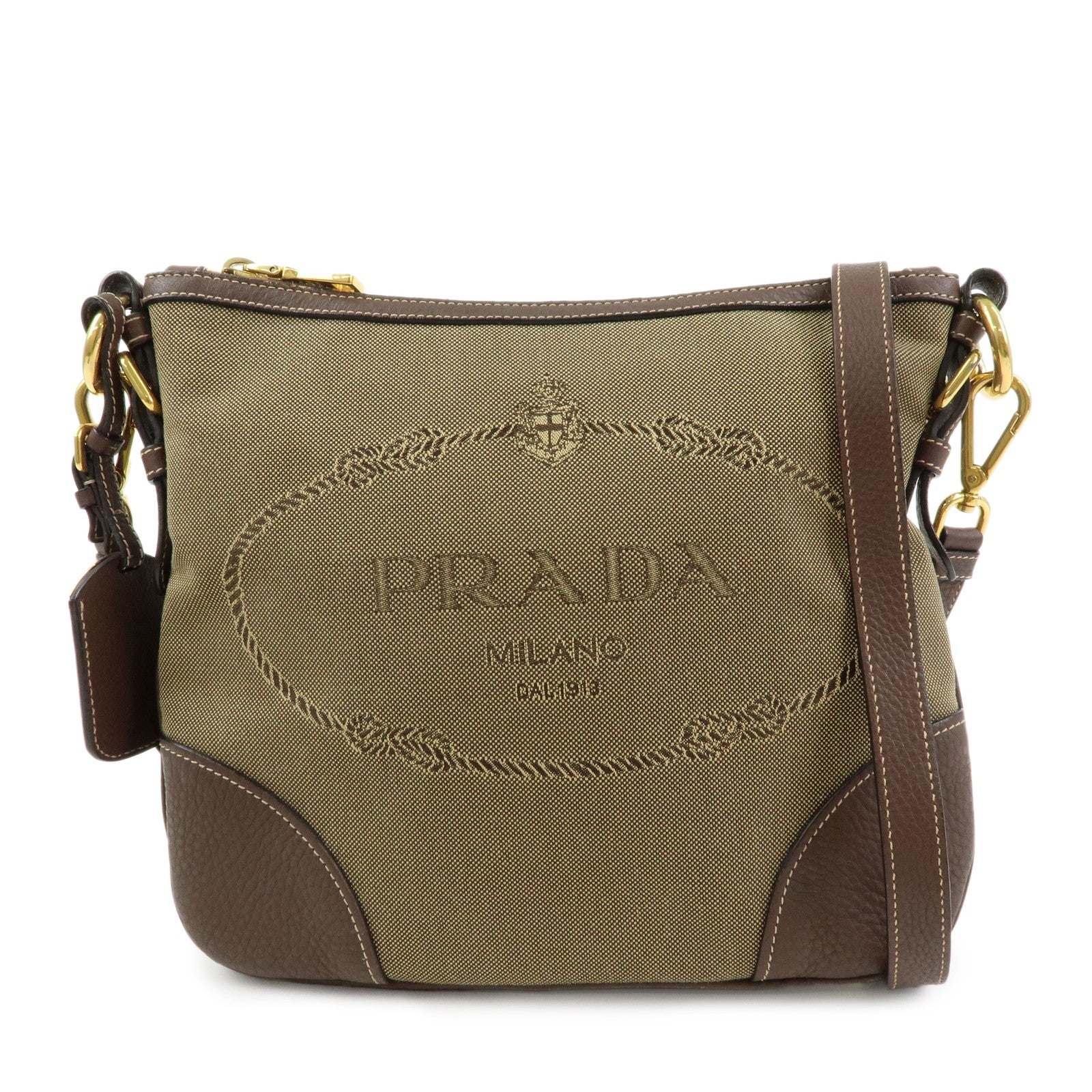 PRADA Logo Jacguard Leather Shoulder Bag Crossbody Bag Brown 1BT867