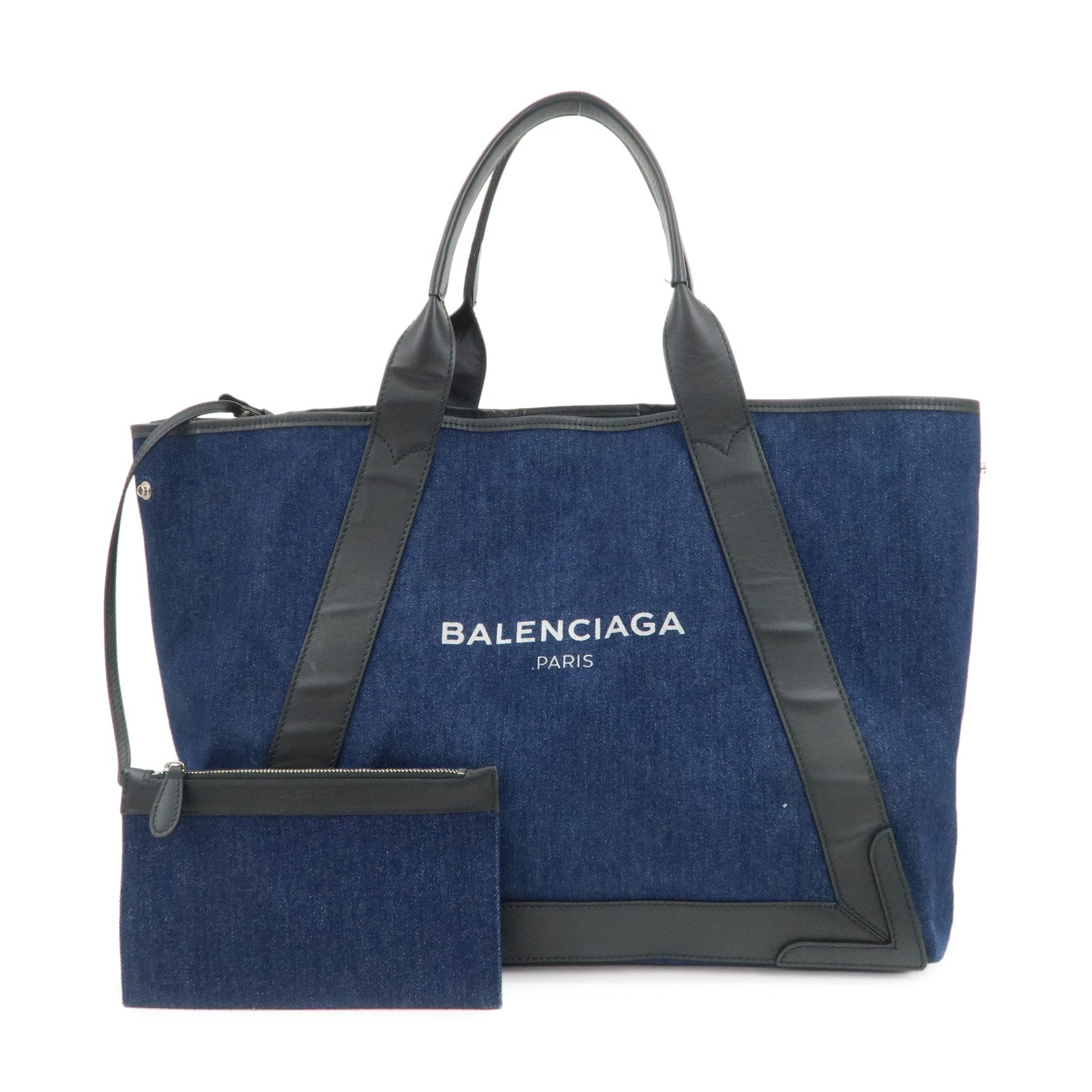 BALENCIAGA Denim Leather Navy Cabas M Tote Bag Hand Bag 339936