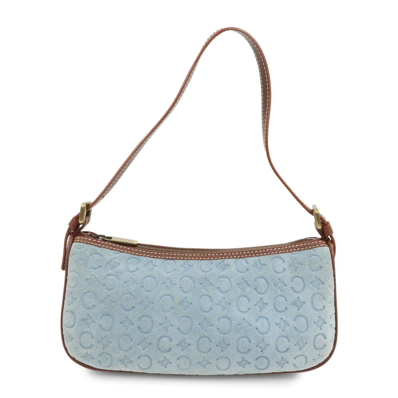 CELINE C Macadam Suede Leather Shoulder Bag Hand Bag Light Blue