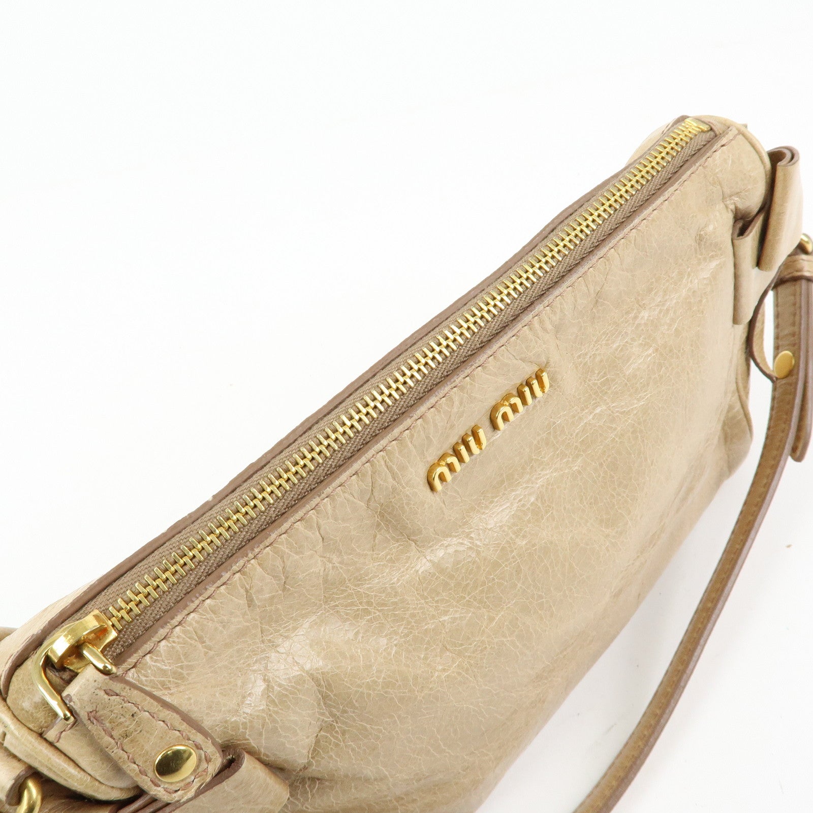 MIU MIU Leather Double Sided Ribbons Hand Bag Shoulder Bag Beige