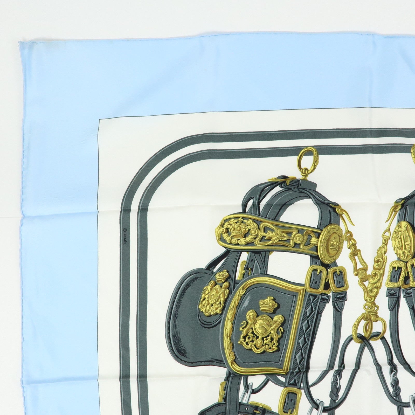 HERMES Carre 90 Silk 100% Scarf Brides de Gala Gray Light Blue Gold