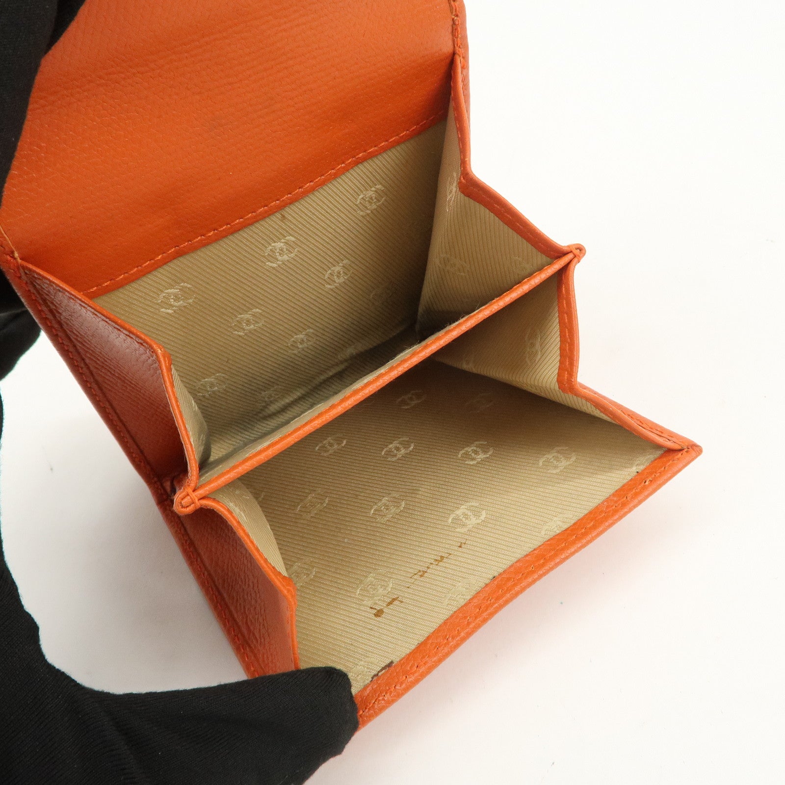 CHANEL COCO Button Leather W Hook Compact Wallet Orange A20902