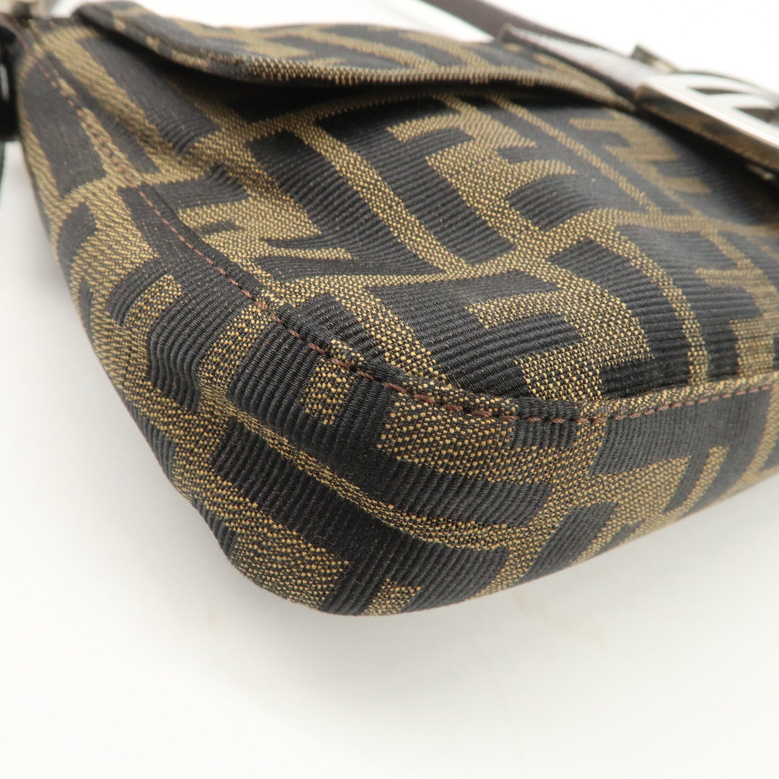 FENDI Mamma Baguette Zucca Canvas Leather Shoulder Bag Black Brown 26424