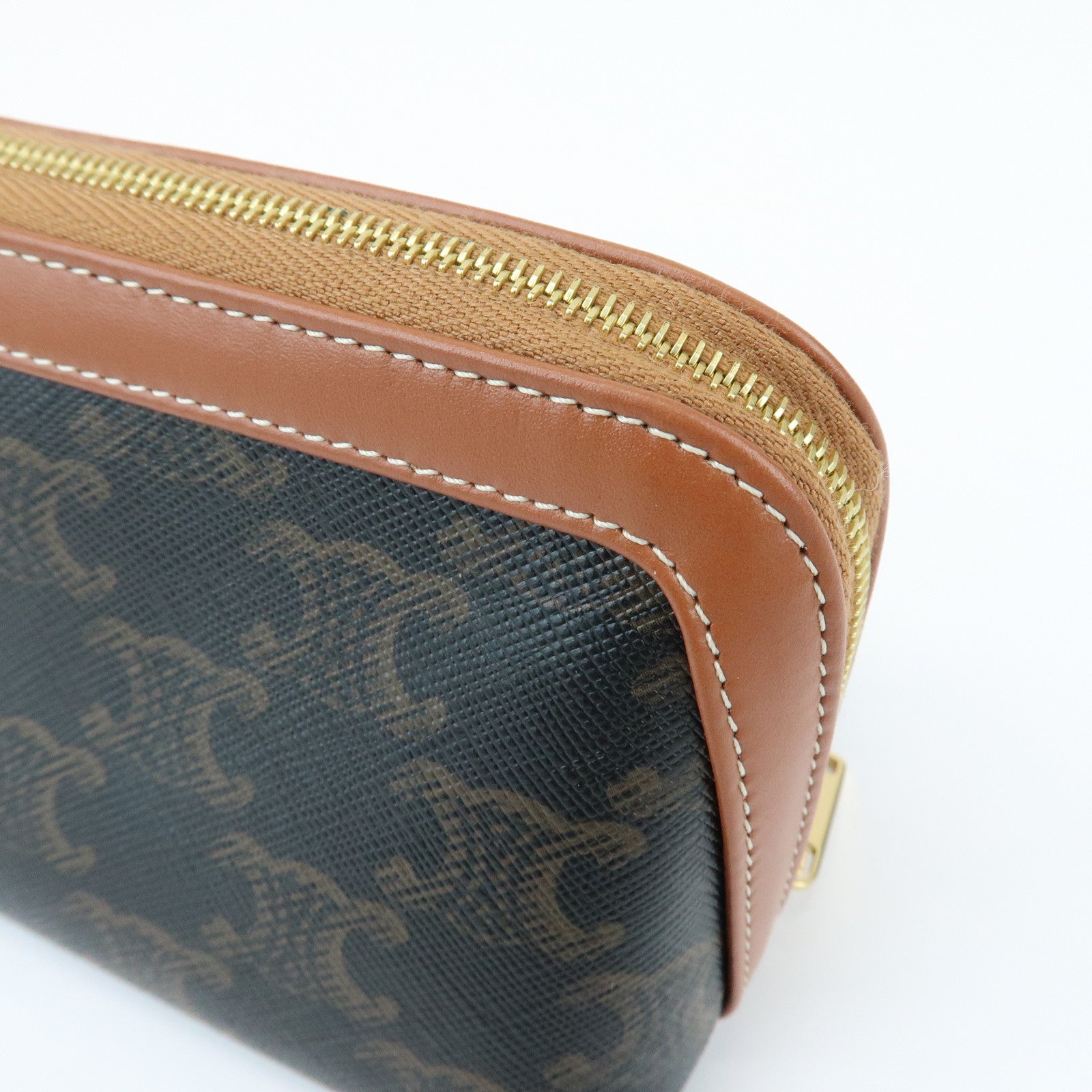 CELINE Triomphe PVC Calf Leather Cosmetic Pouch Accessory Pouch Tan